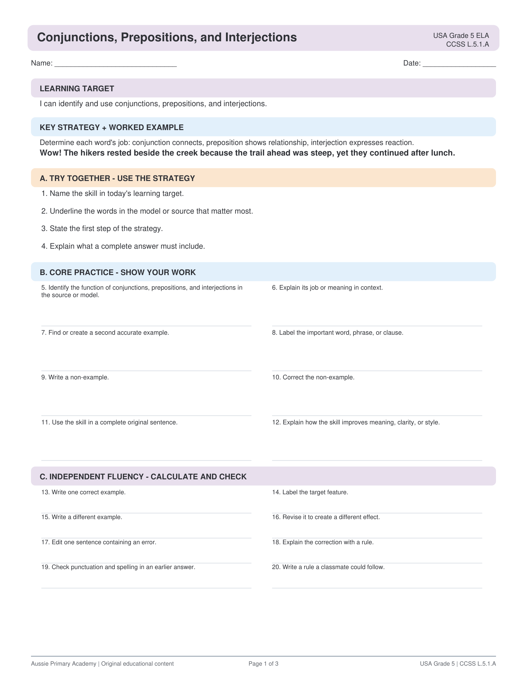 Conjunctions Prepositions Interjections worksheet preview