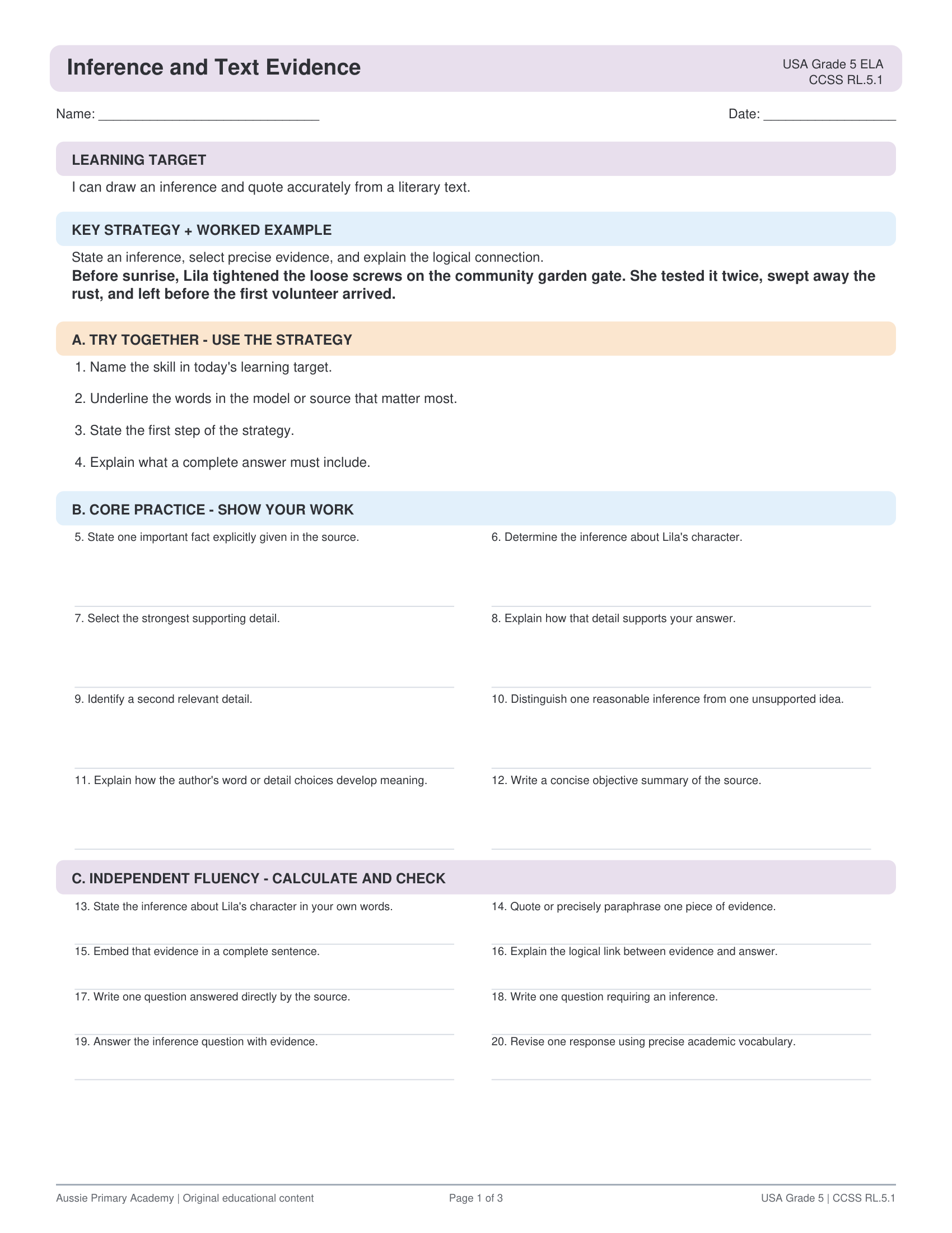 Grade 5 Inference and Text Evidence preview