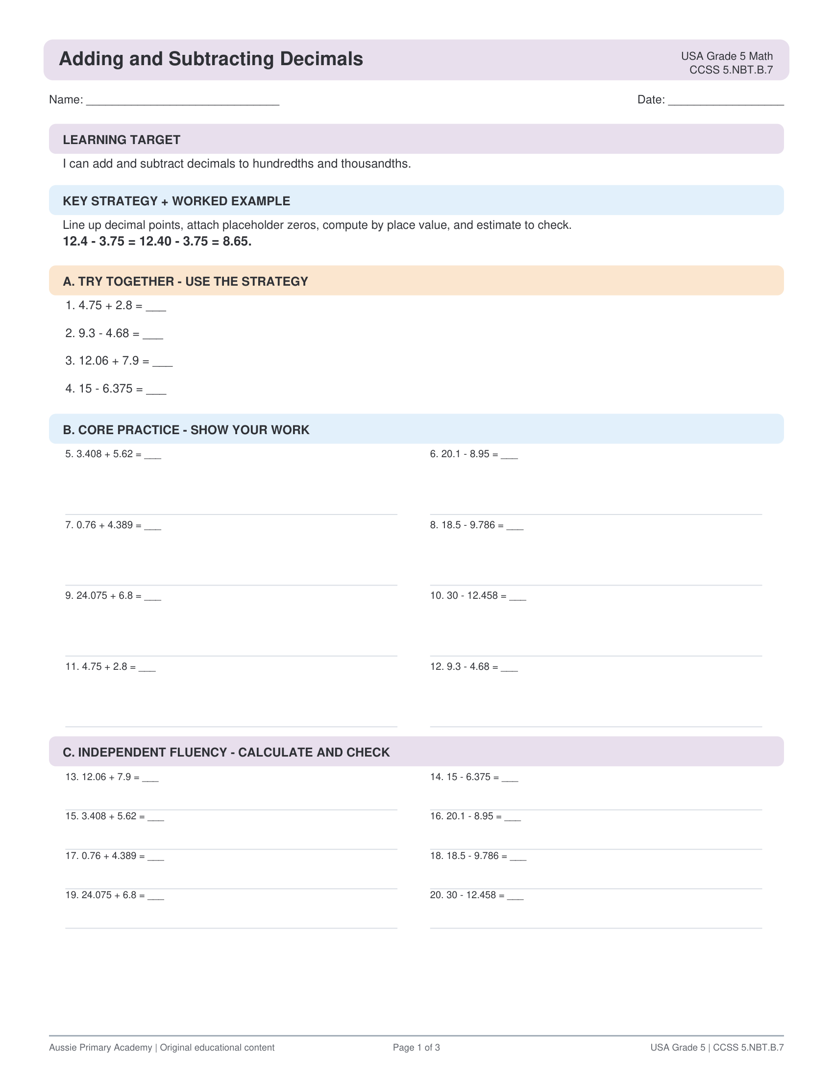 Adding Subtracting Decimals worksheet preview