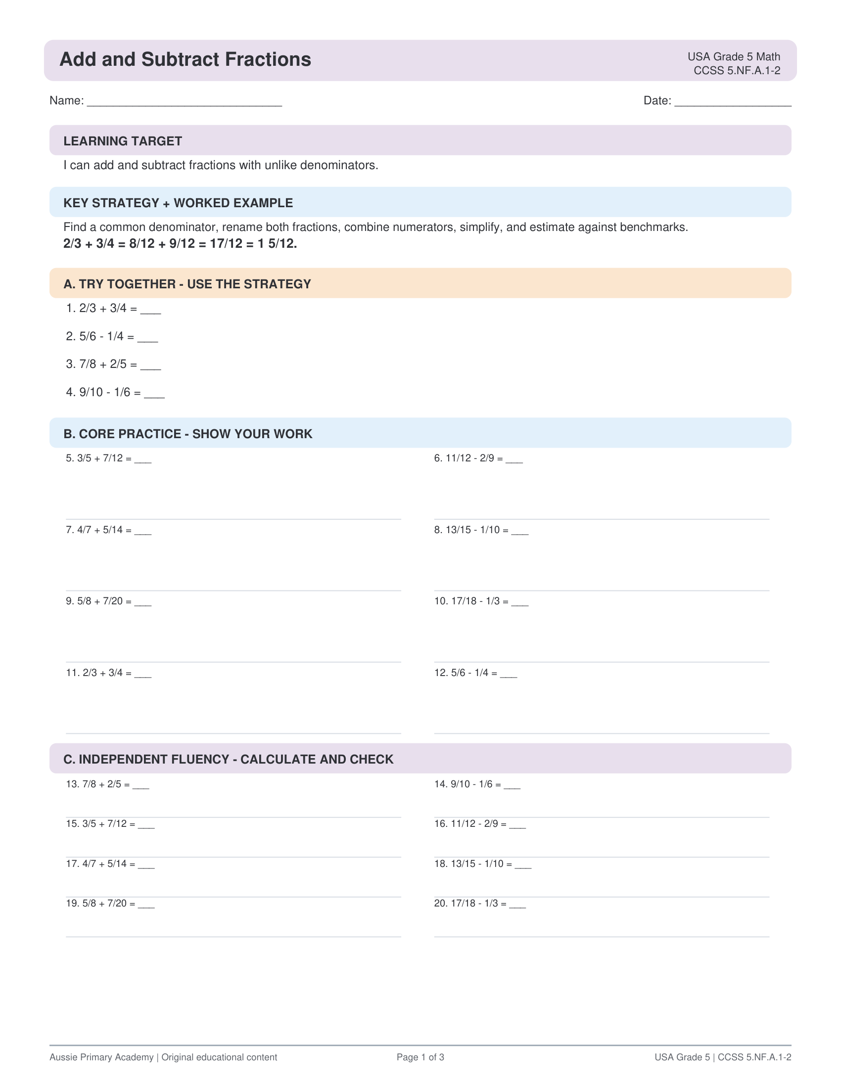 Grade 5 Math Adding Subtracting Fractions Unlike Denominators worksheet preview