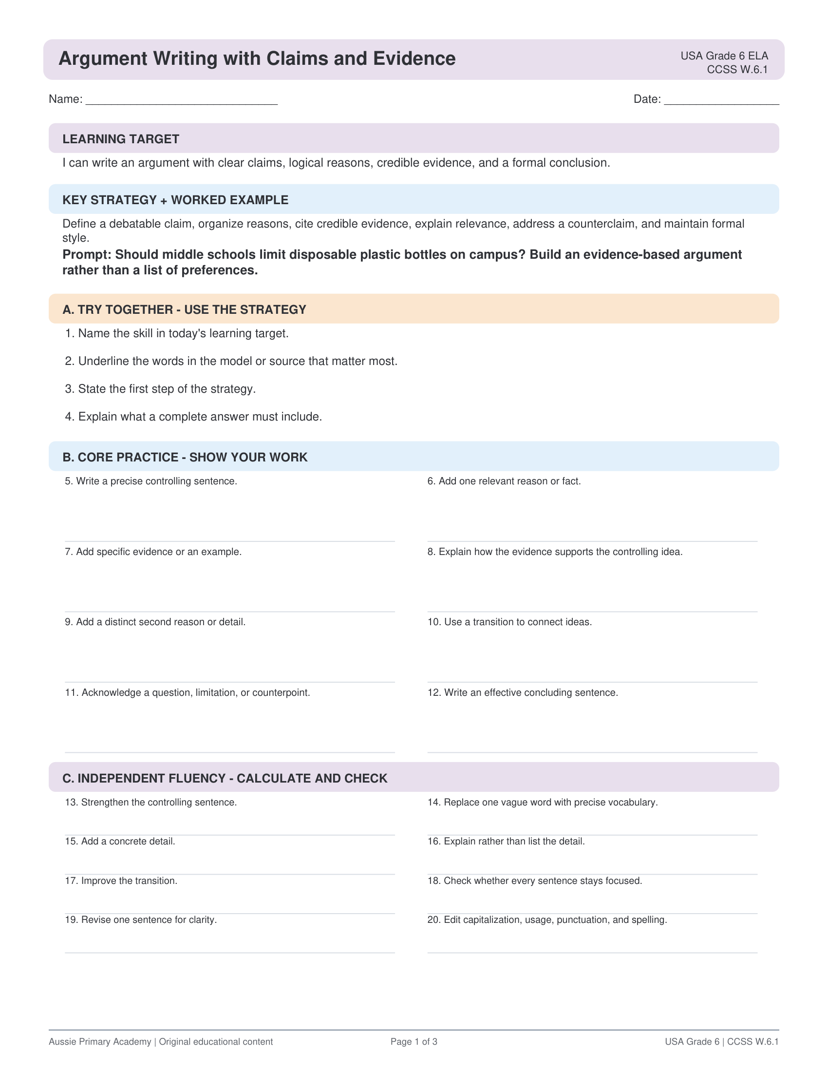 Argument Writing Claims Evidence worksheet preview