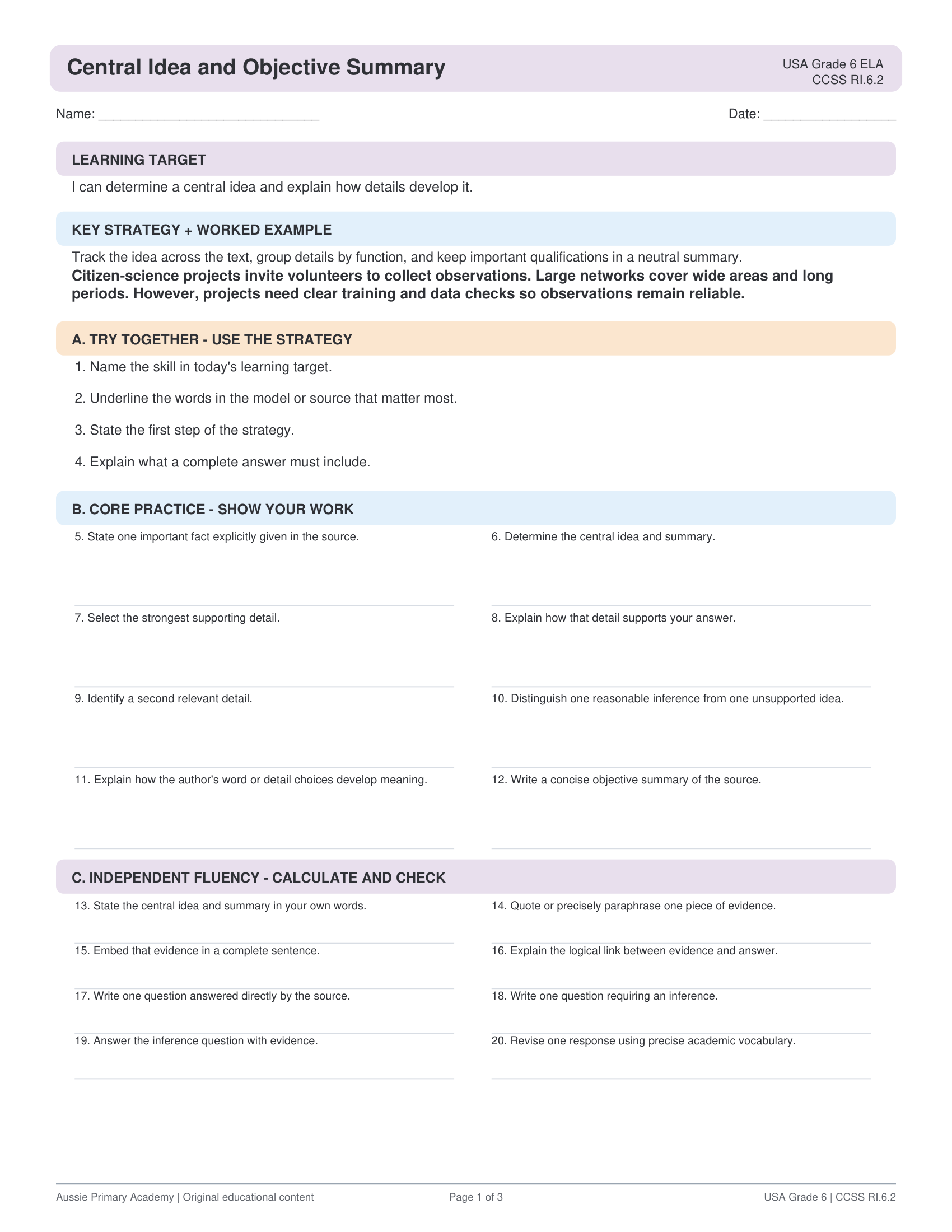 Central Idea Objective Summary worksheet preview