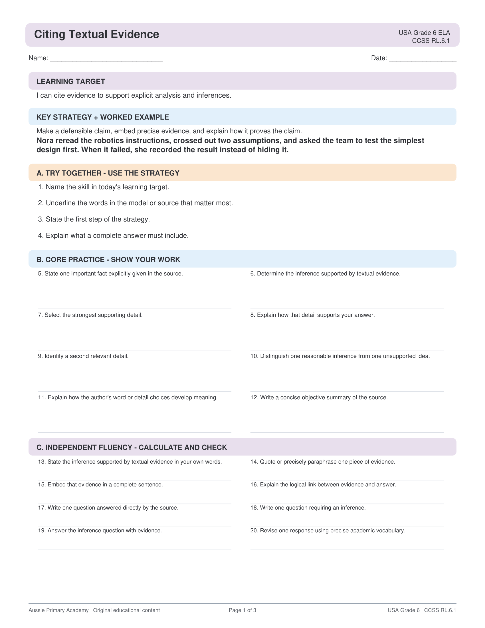 Grade 6 Citing Textual Evidence preview