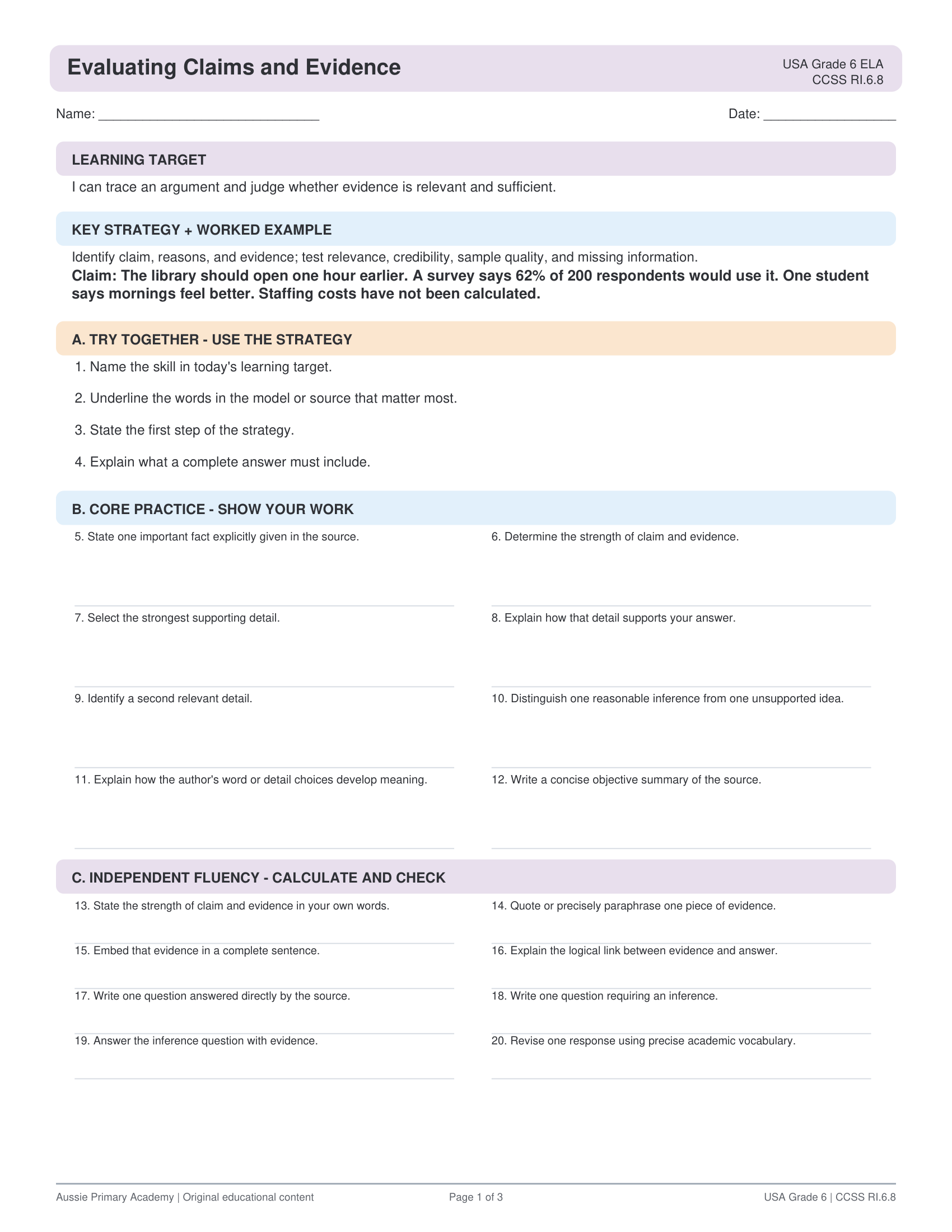 Grade 6 Evaluating Claims and Evidence preview