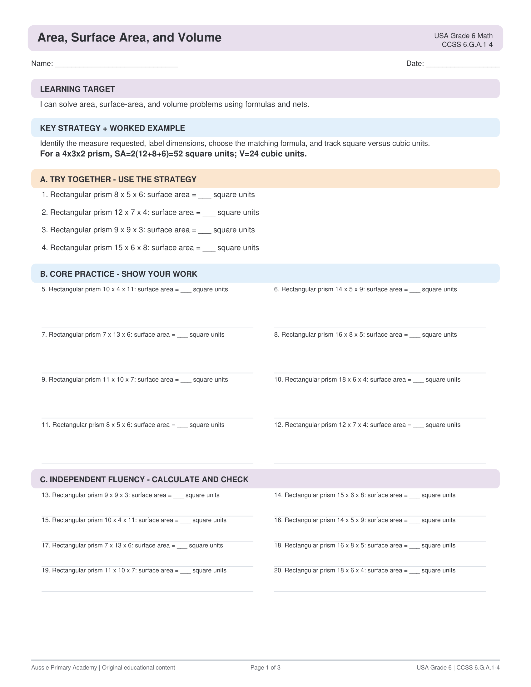 Grade 6 Math Area, Surface Area & Volume worksheet preview