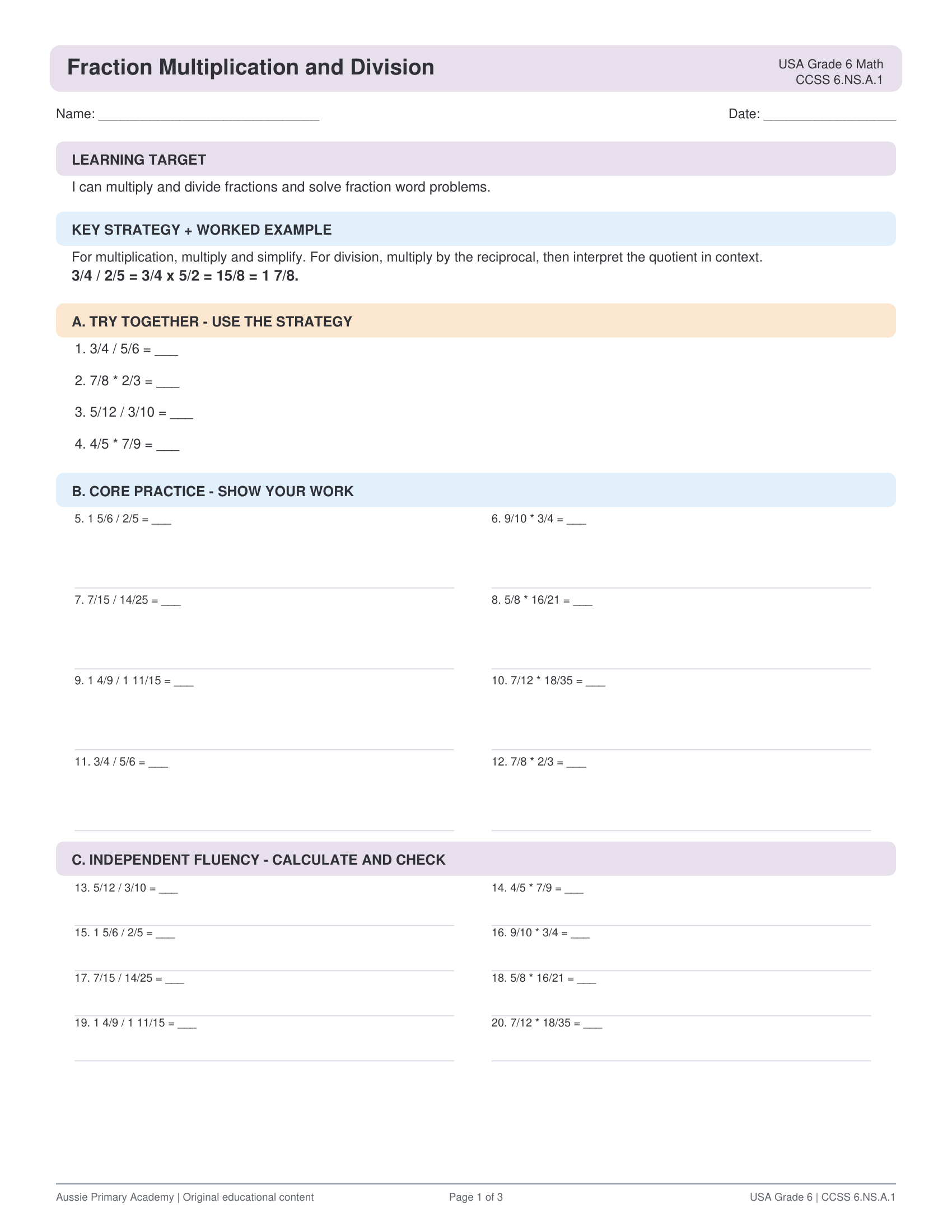 Grade 6 Math Fraction Multiplication & Division worksheet preview