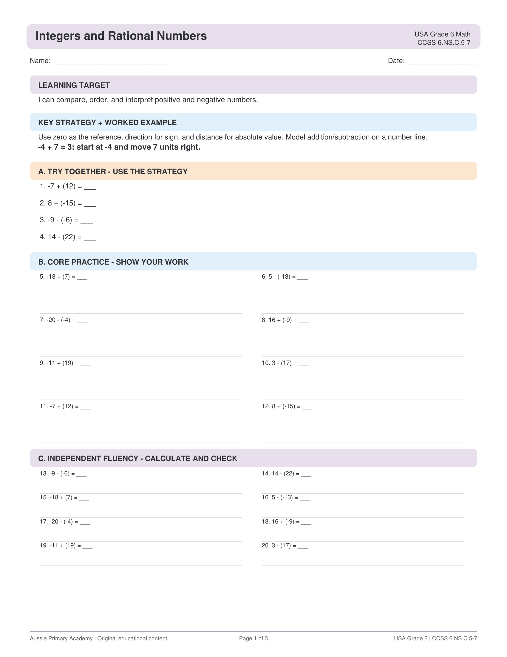 Integers Number Line Operations worksheet preview