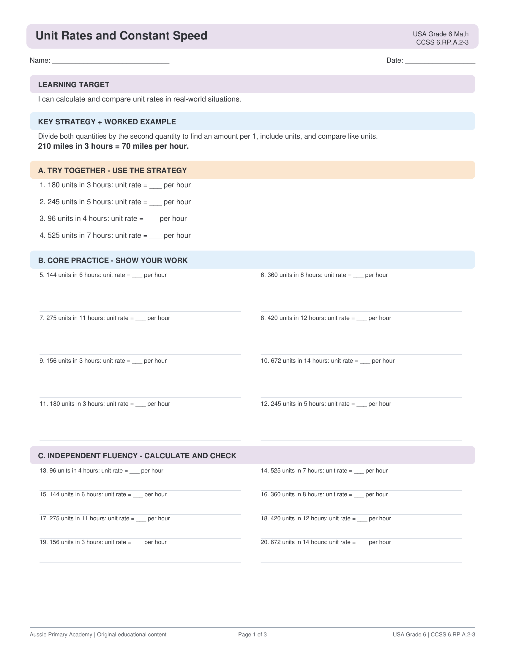Unit Rates Constant Speed worksheet preview