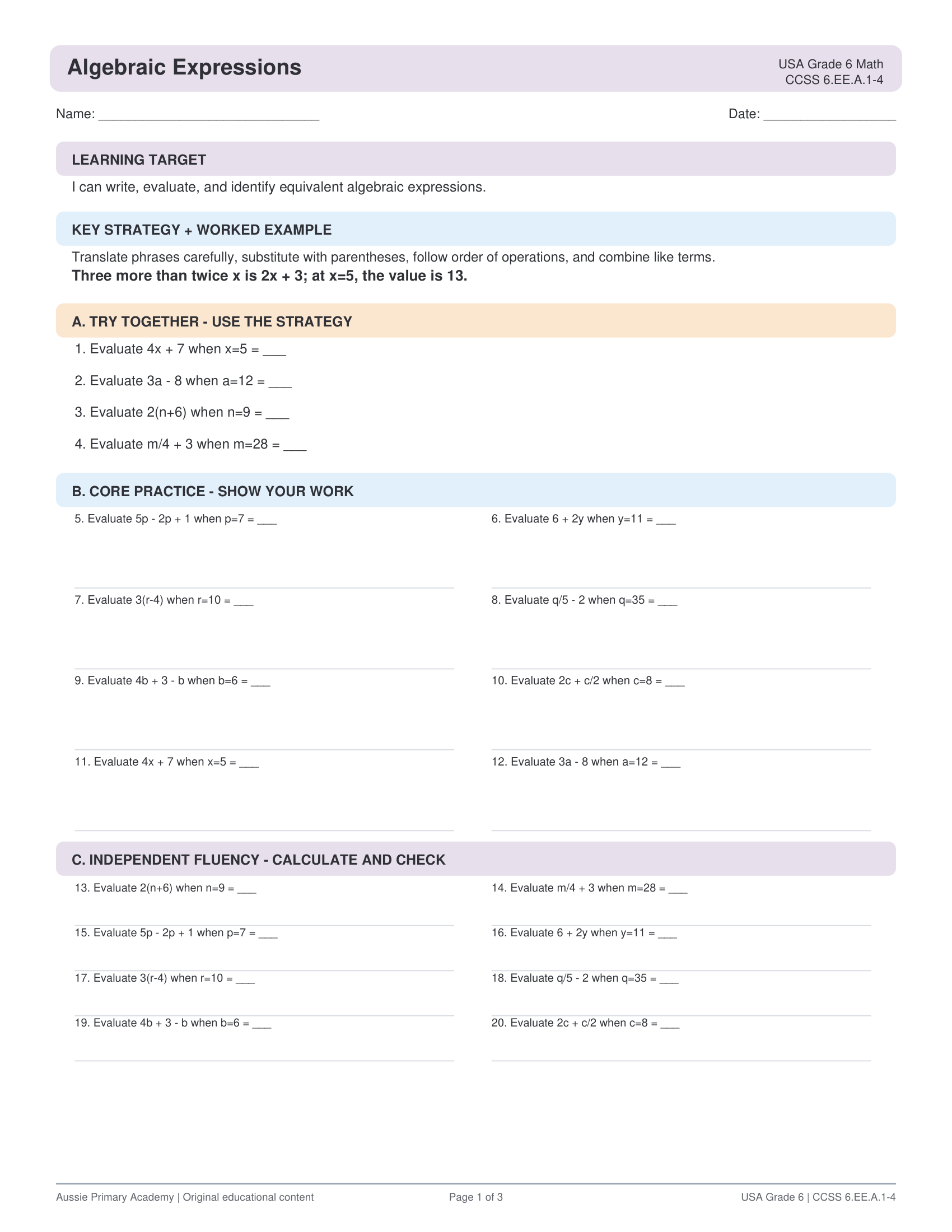 Grade 6 Algebraic Expressions preview
