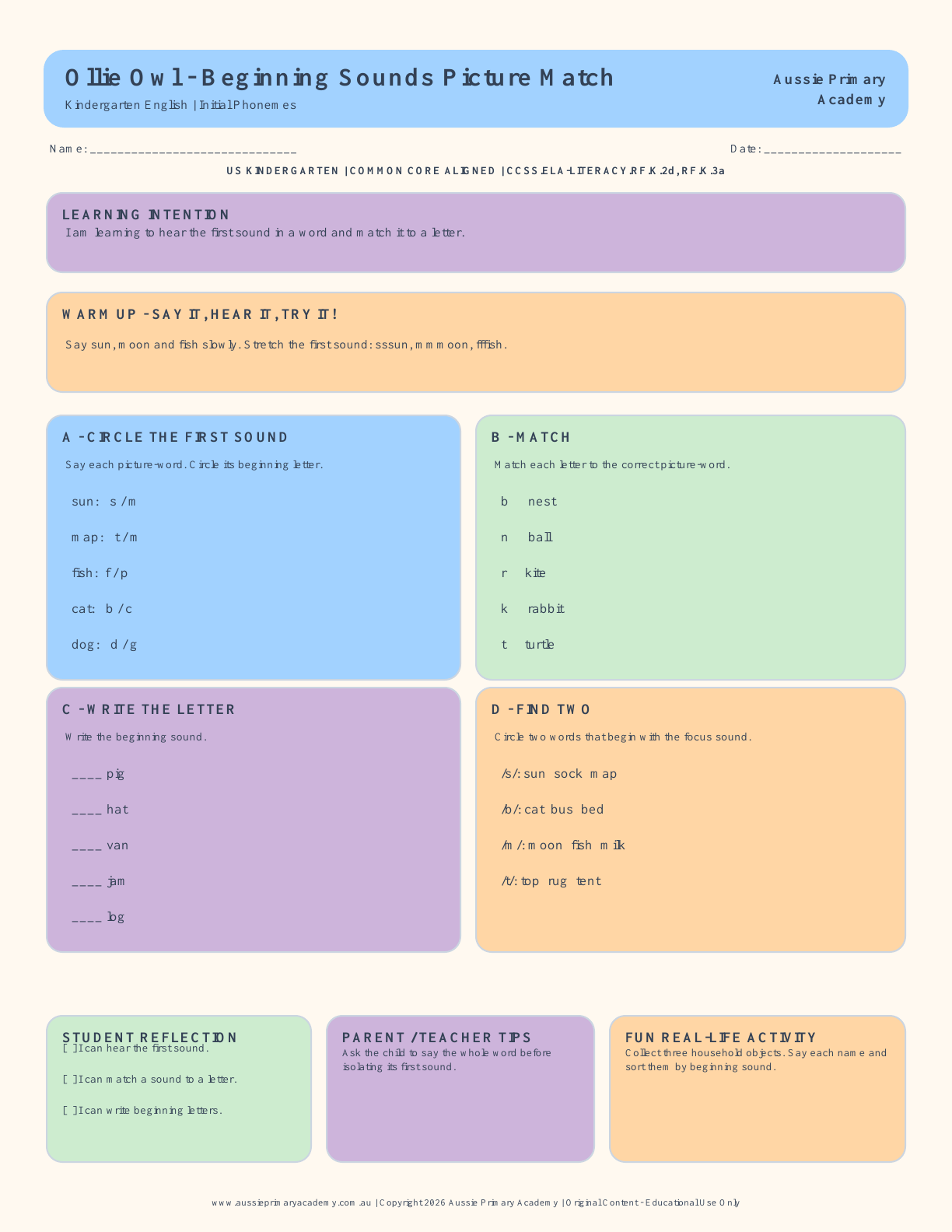 Beginning Sounds Picture Match Worksheet for Kindergarten preview