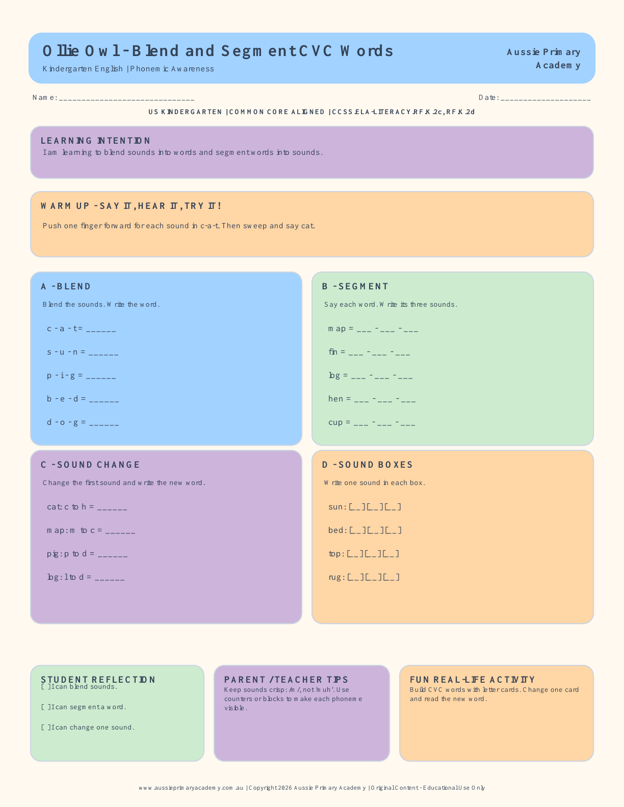 Kindergarten Ela Blending Segmenting Cvc Words worksheet preview