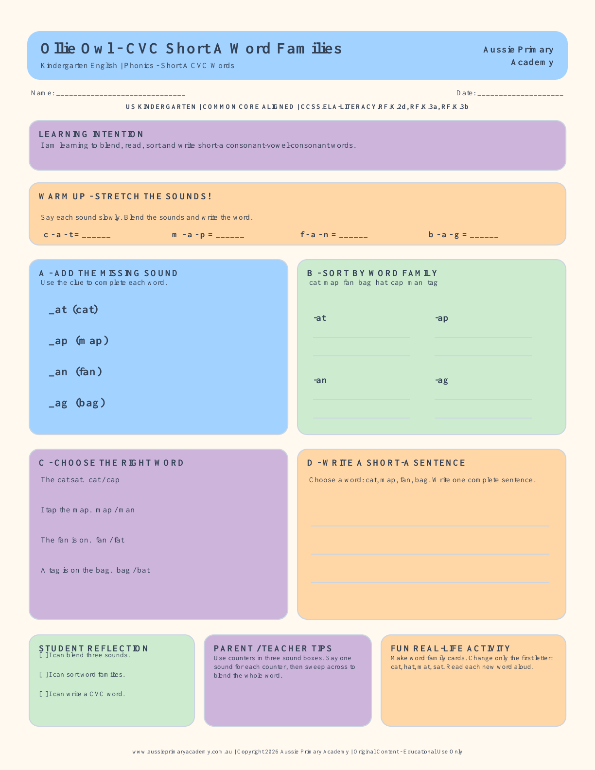 Kindergarten Ela Short A Cvc Word Families worksheet preview