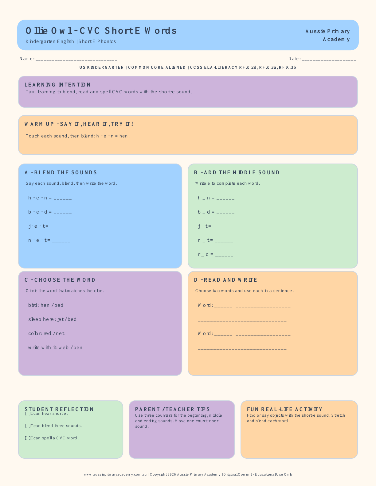 Short E CVC Words Worksheet for Kindergarten preview