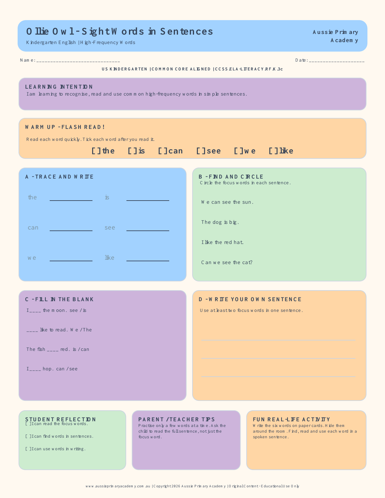 Kindergarten Sight Words in Sentences Worksheet preview