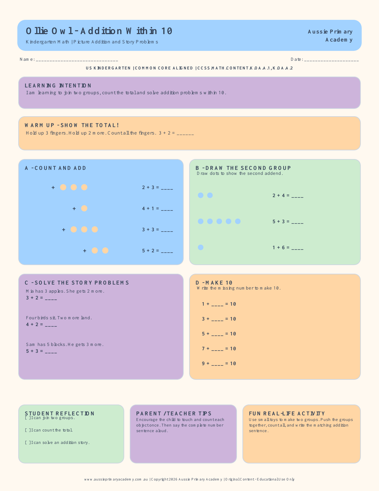 Kindergarten Addition Within 10 Picture Worksheet preview