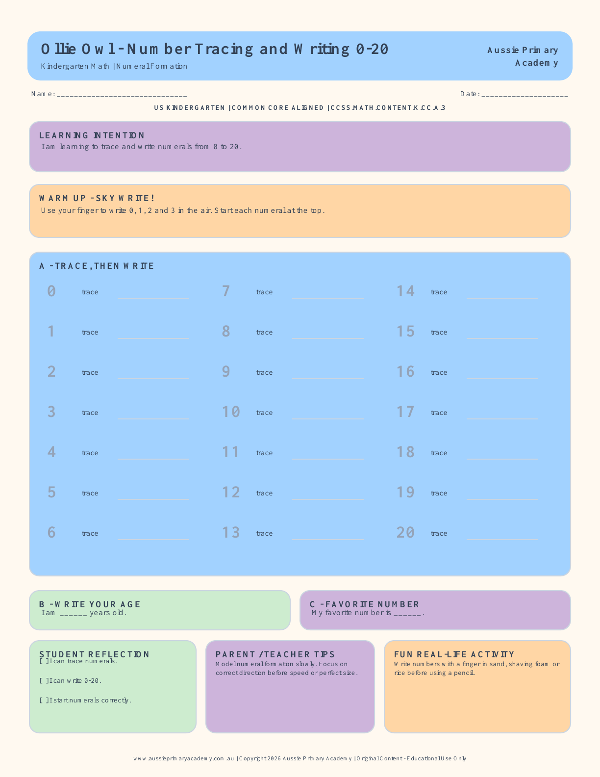 Kindergarten Number Tracing and Writing 0-20 Worksheet preview