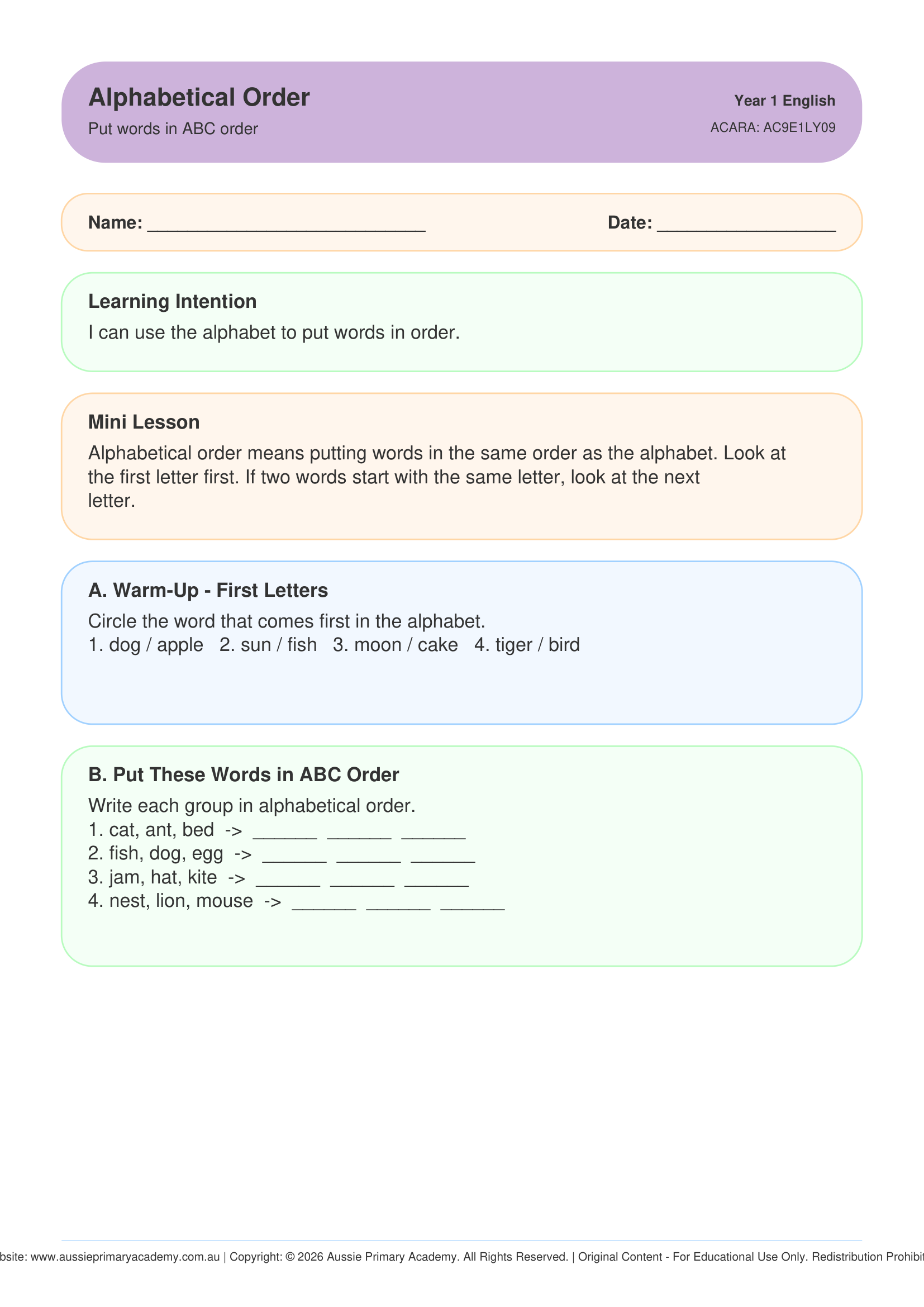 Alphabetical Order worksheet preview