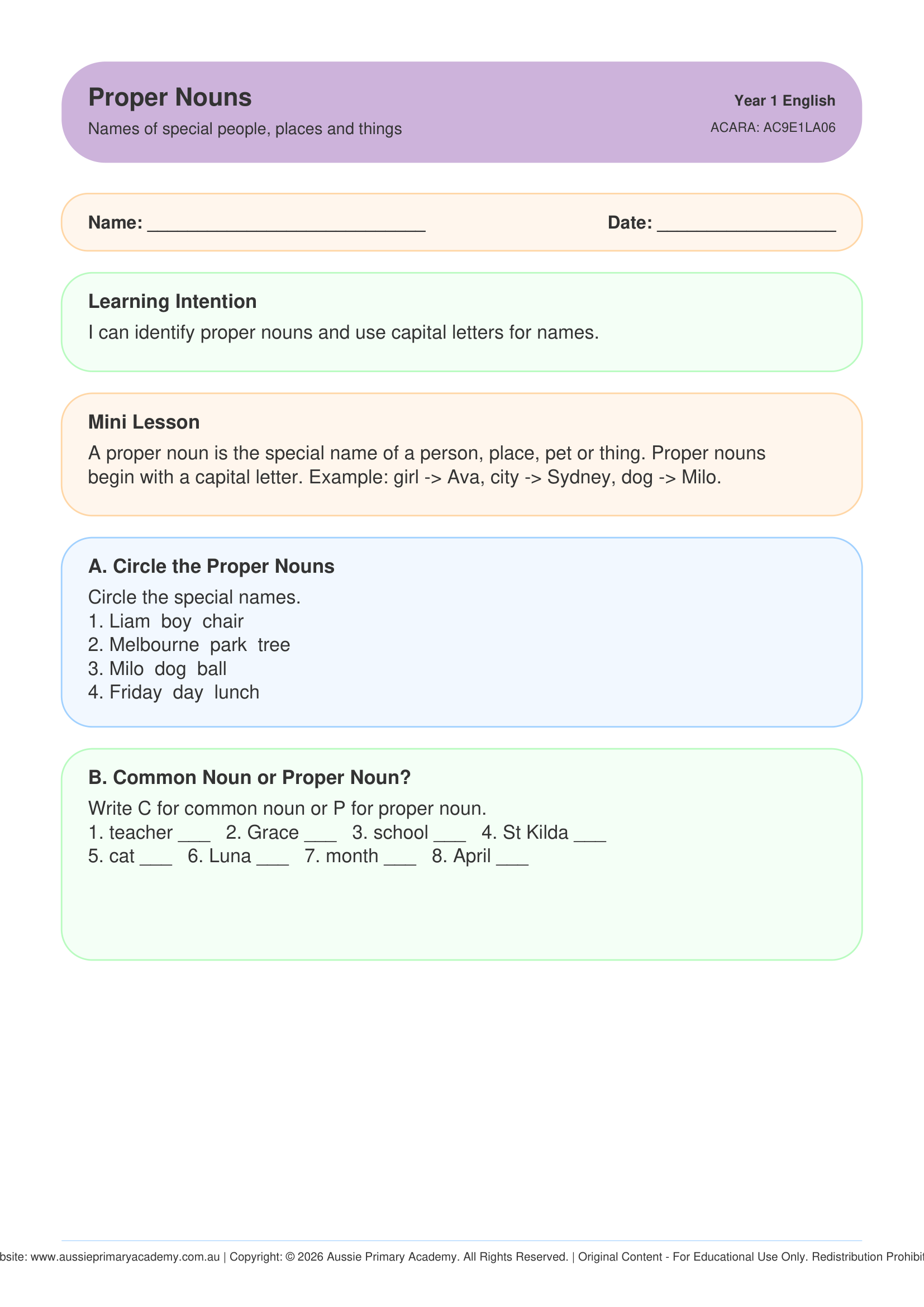 Proper Nouns worksheet preview