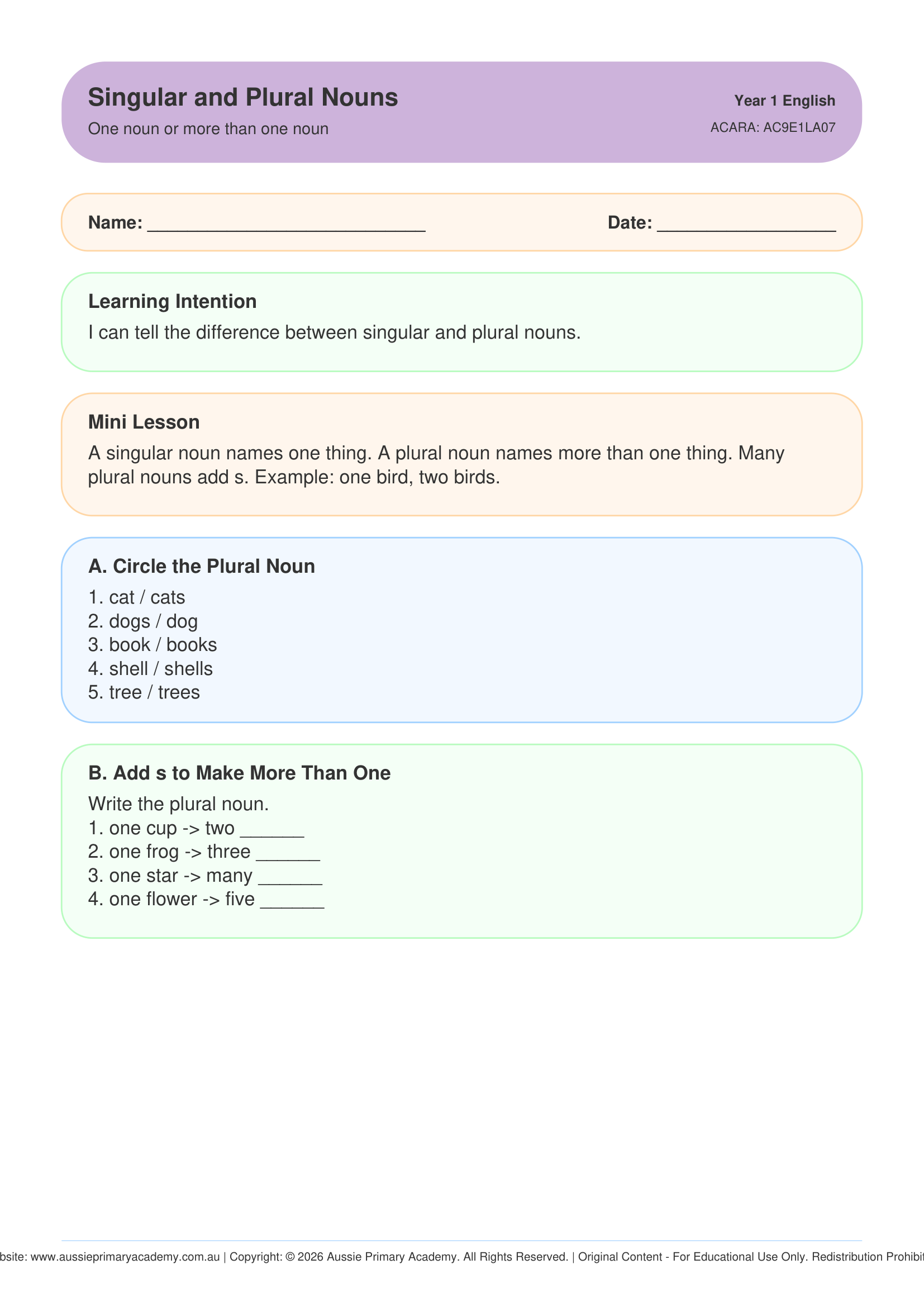 Singular And Plural Nouns worksheet preview