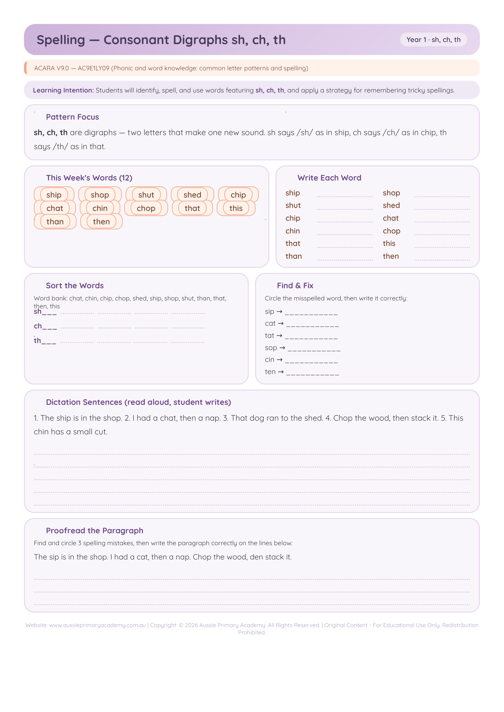 Spelling Consonant Digraphs Sh Ch Th worksheet preview