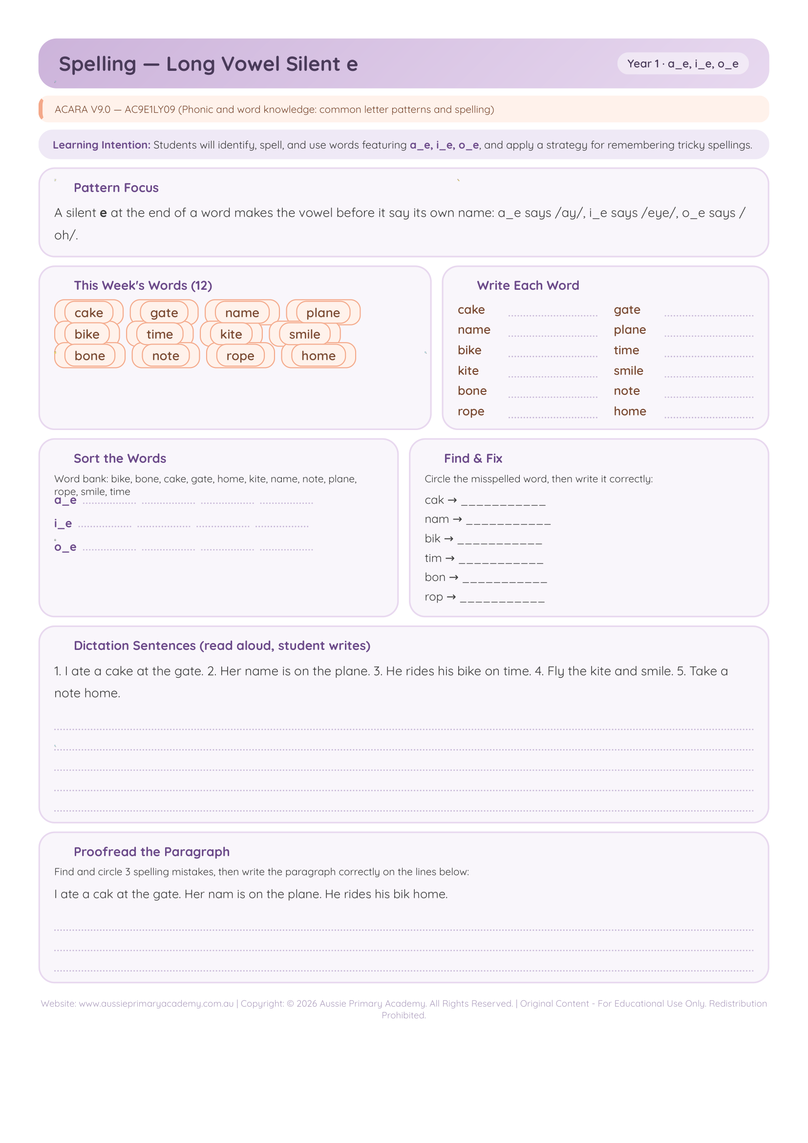 Spelling Long Vowel Silent E worksheet preview