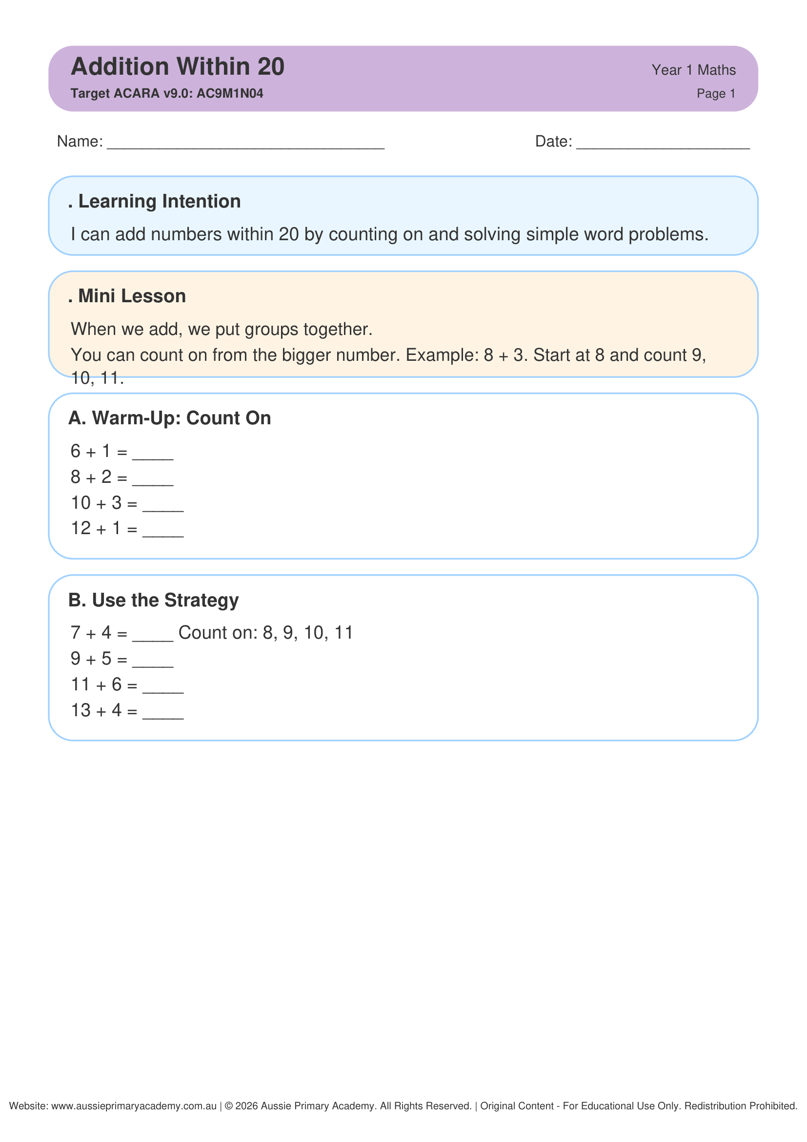 year-1-addition-within-20 Preview