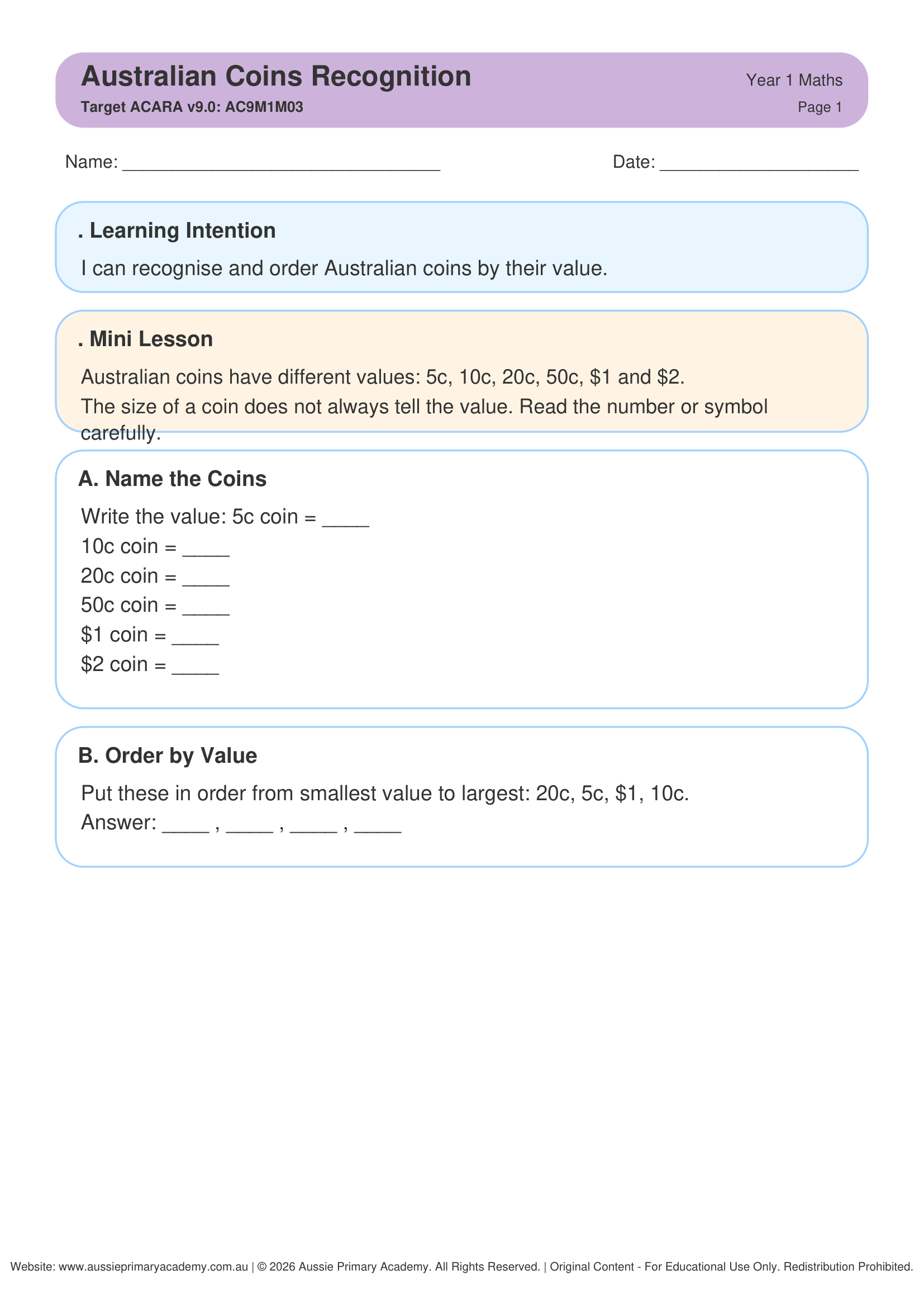 Australian Coins Recognition worksheet preview