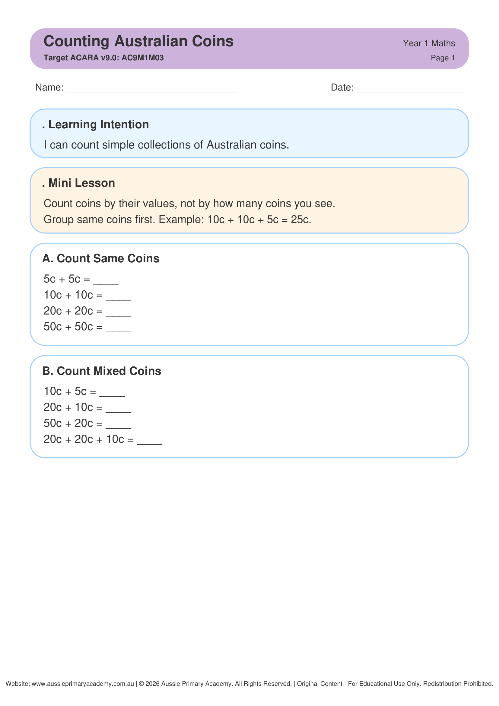 Counting Australian Coins worksheet preview