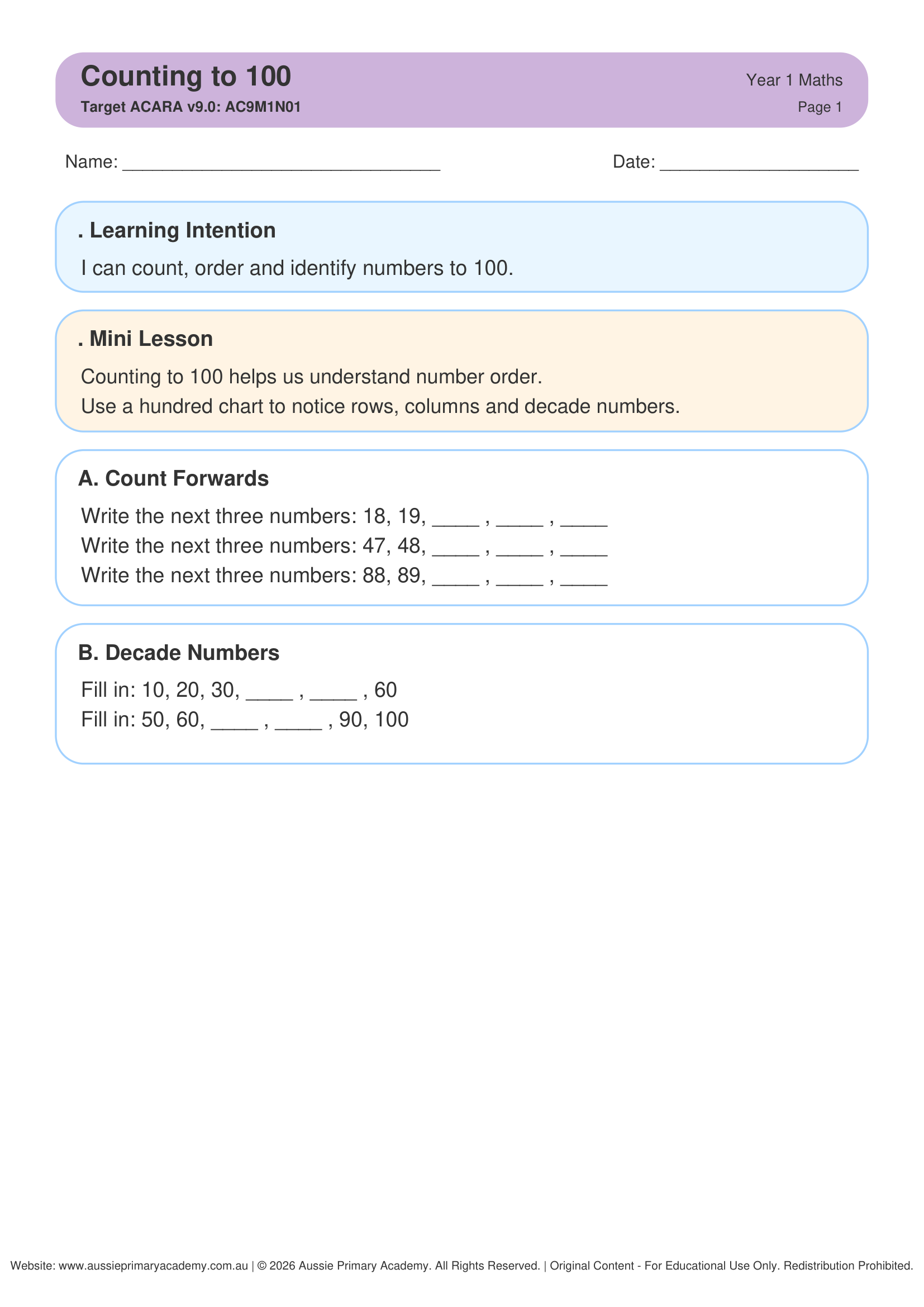 Year 1 Counting to 100 worksheet preview