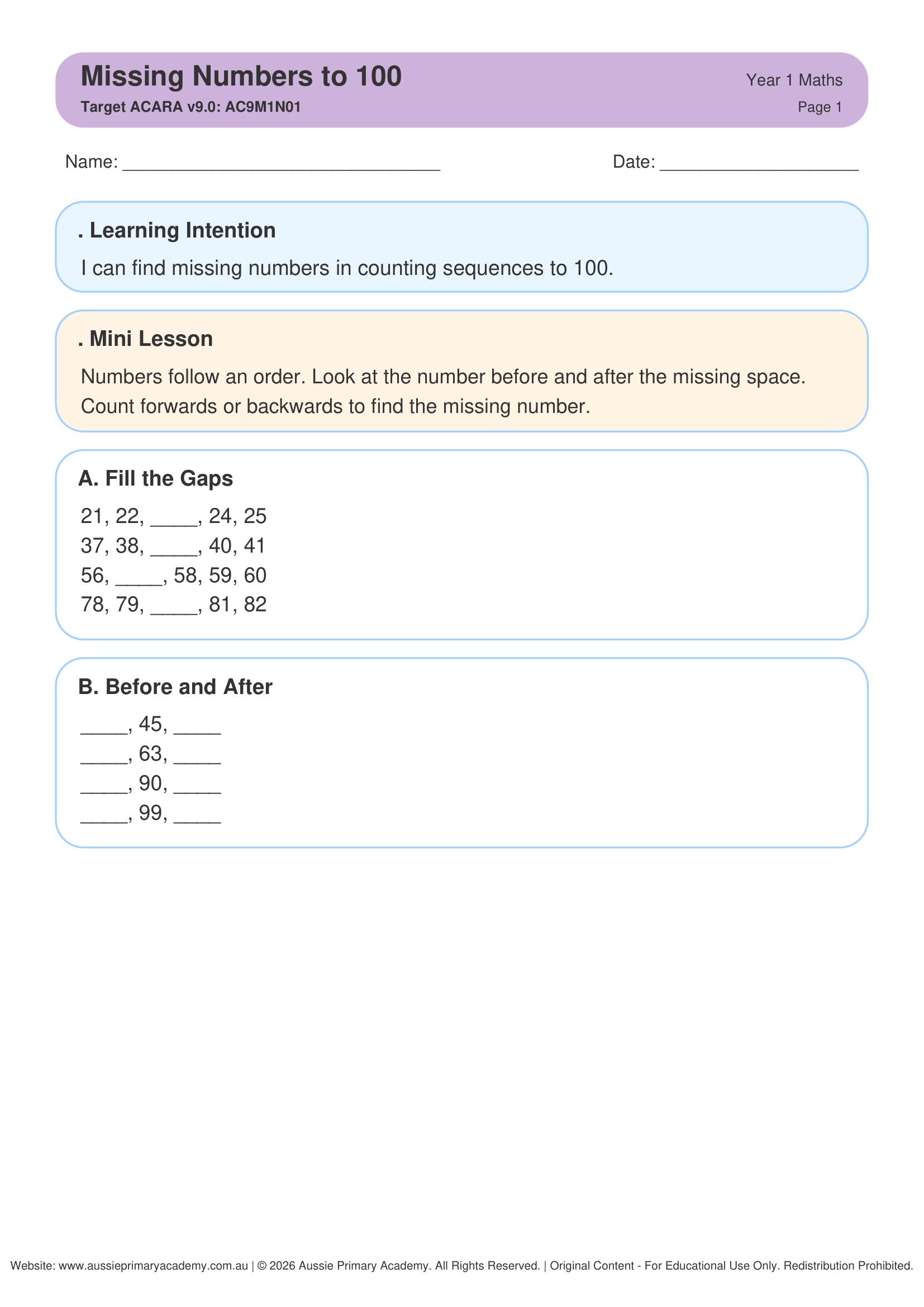 Missing Numbers To 100 worksheet preview