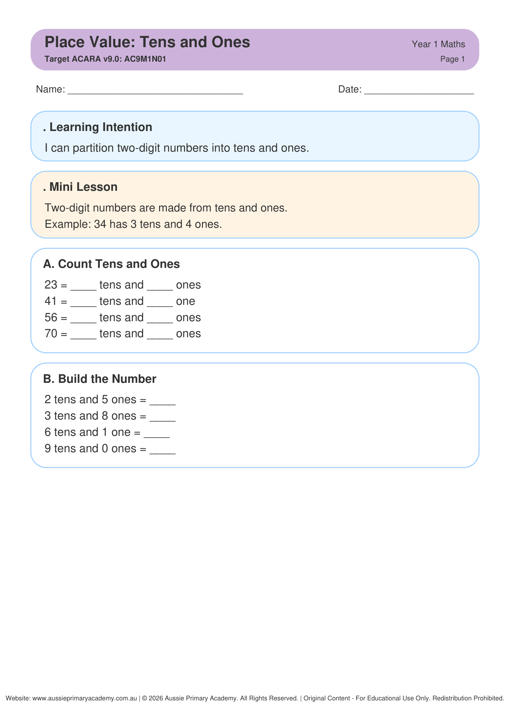 Place Value Tens And Ones worksheet preview