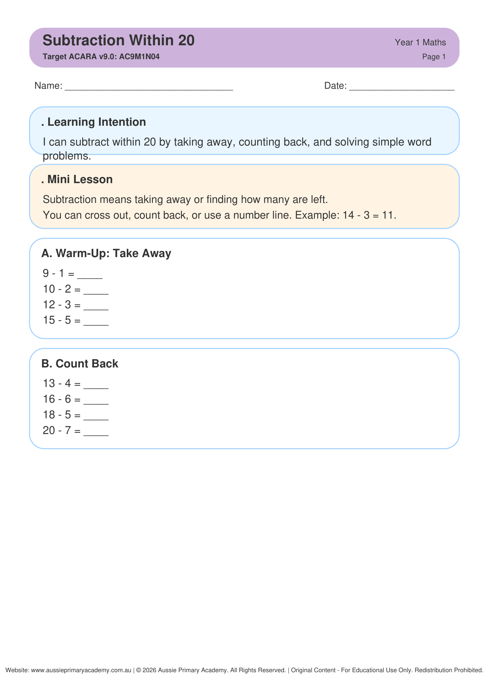 year-1-subtraction-within-20 Preview