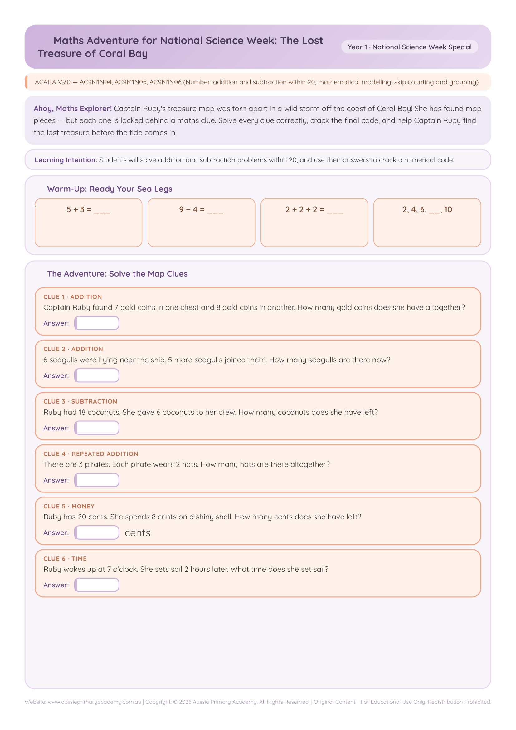 Year 1 Maths Treasure Hunt Adventure worksheet preview