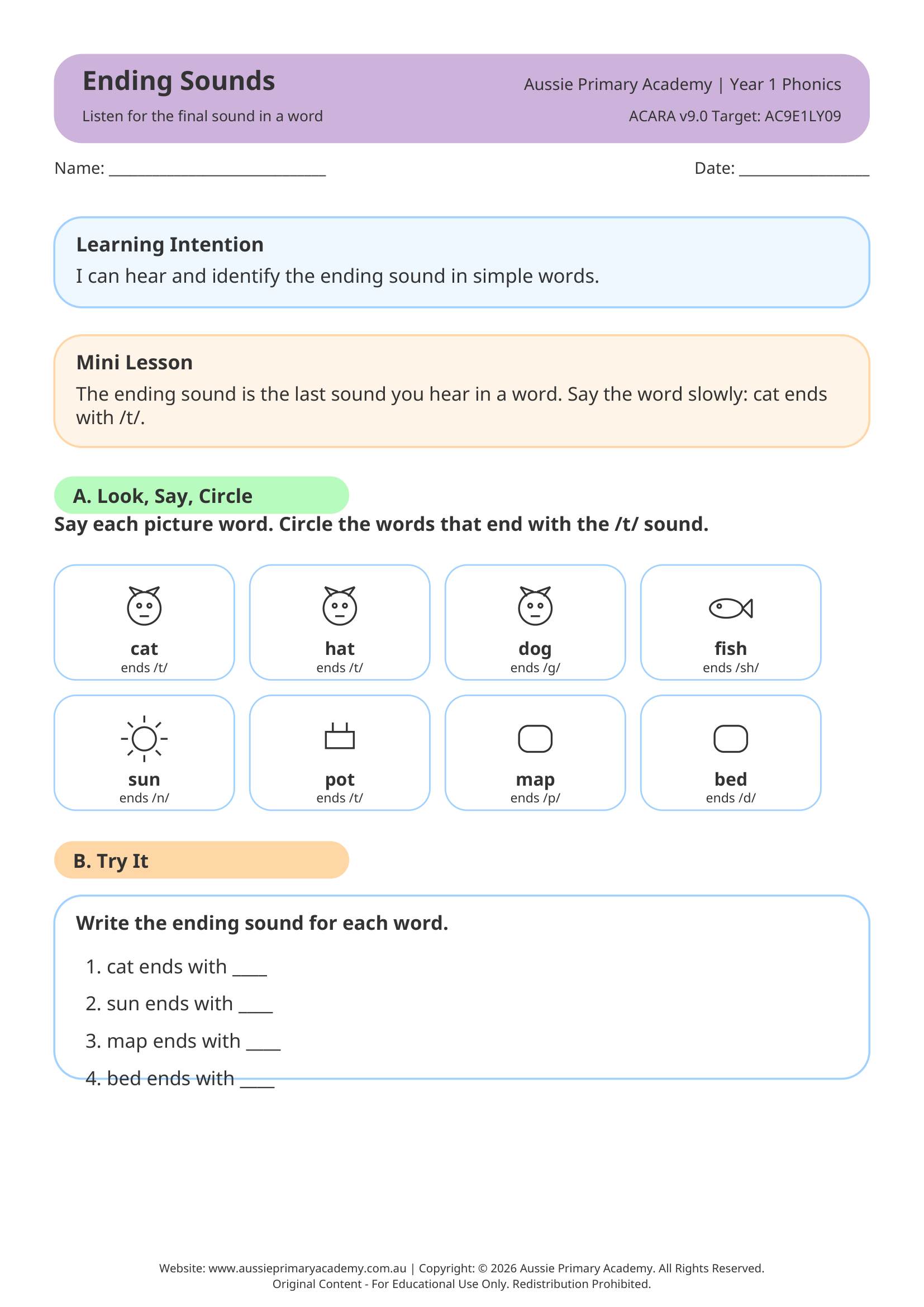 Phonics Ending Sounds Ac9E1Ly09 Colour worksheet preview