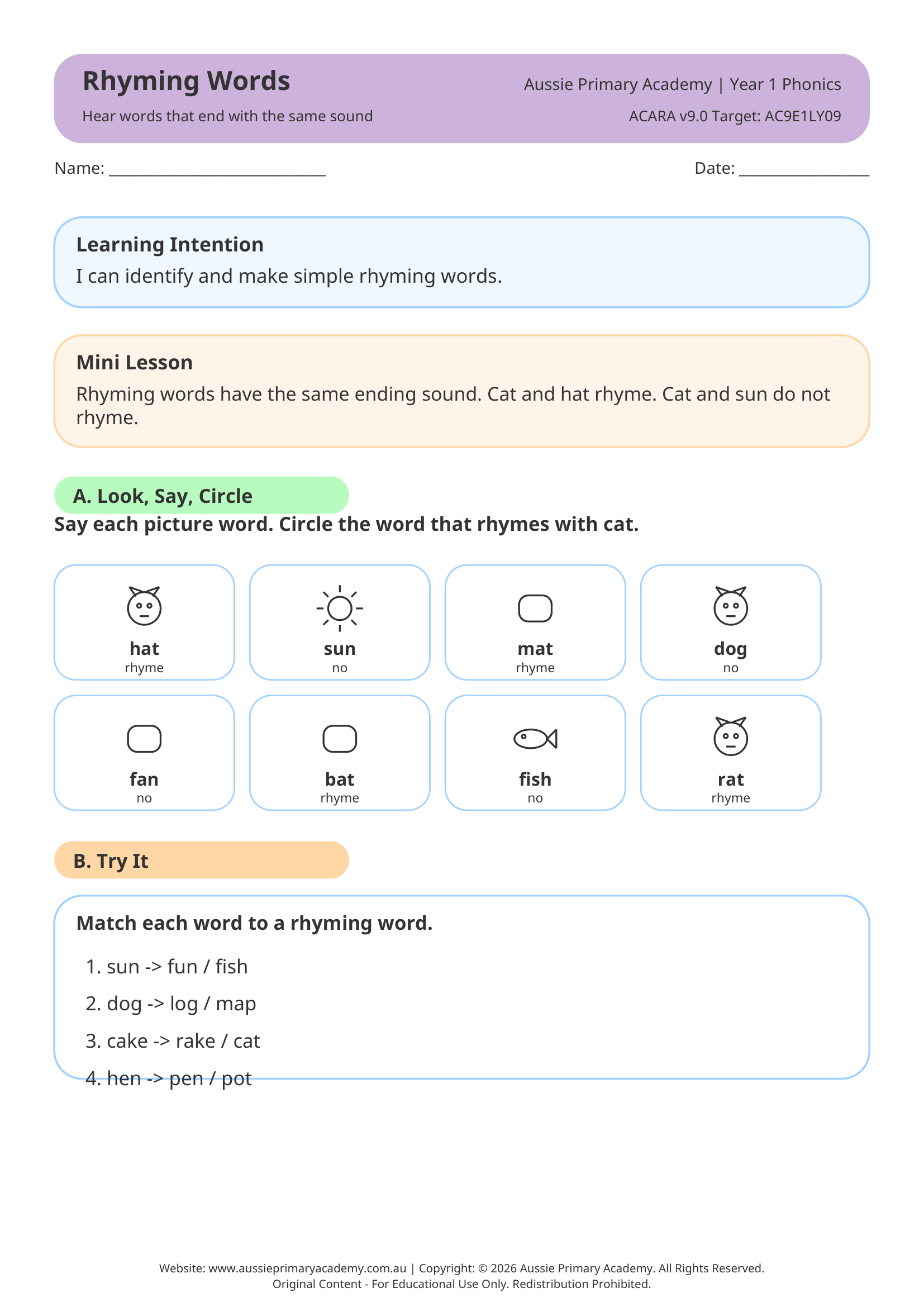 Phonics Rhyming Words Ac9E1Ly09 Colour worksheet preview