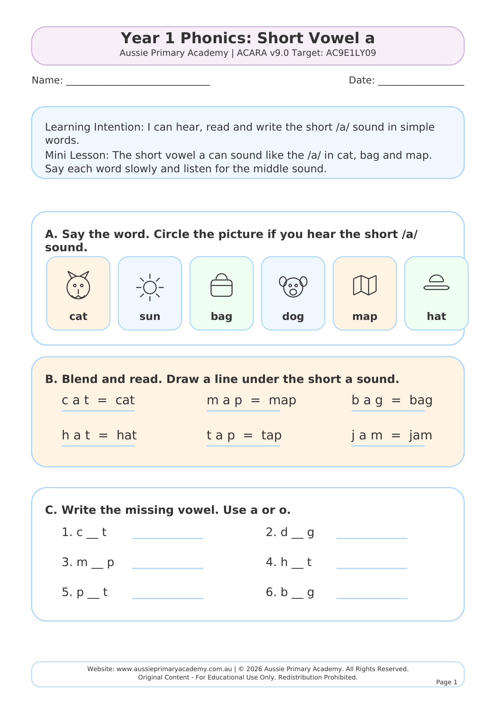 Phonics Short Vowel A Ac9E1Ly09 Colour worksheet preview
