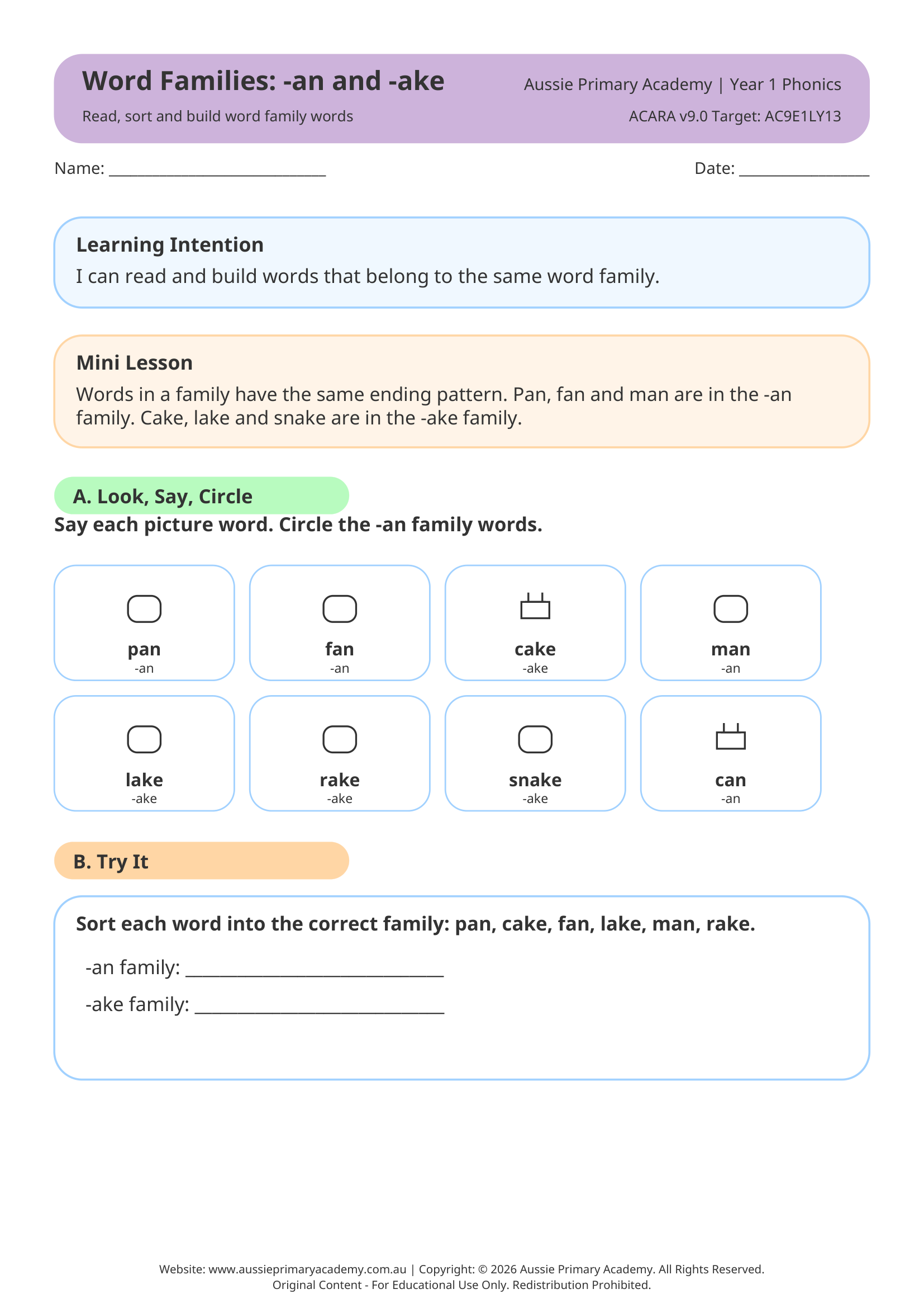 Word Families: -an and -ake Preview