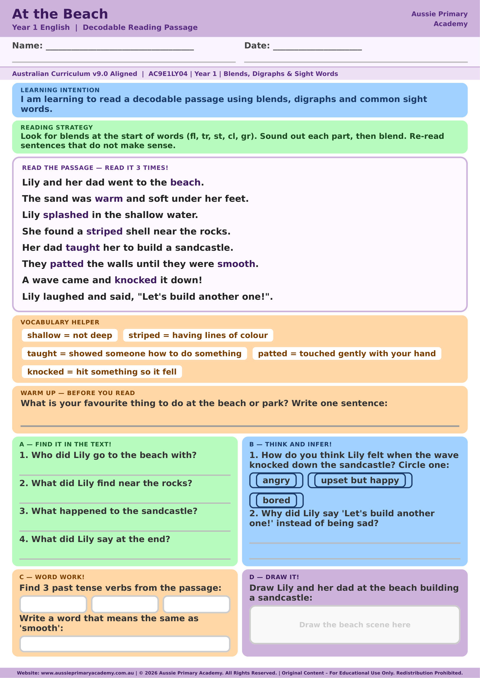 Decodable Reading At The Beach Ac9E1Ly04 Colour worksheet preview
