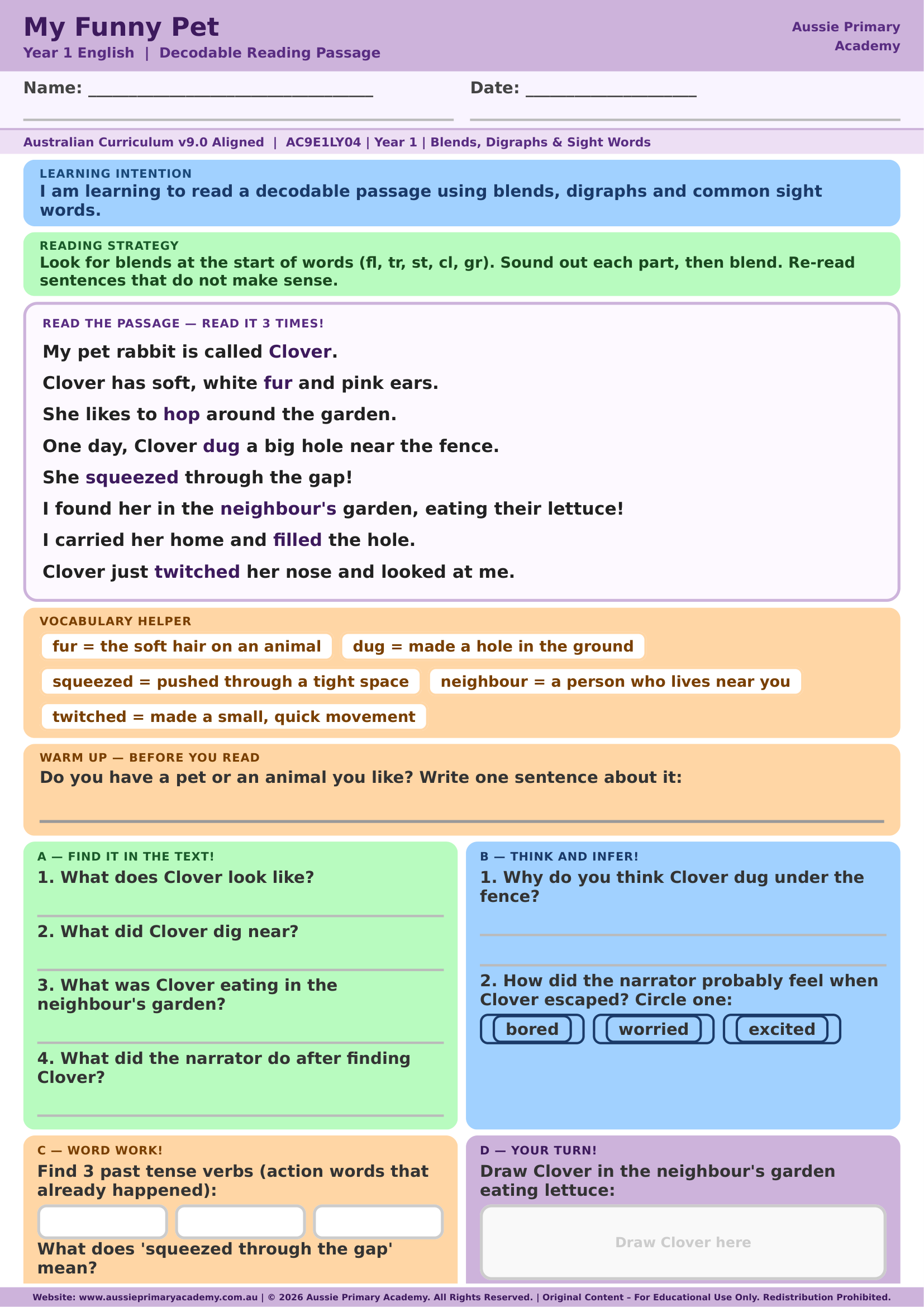 Decodable Reading My Funny Pet Ac9E1Ly04 Colour worksheet preview