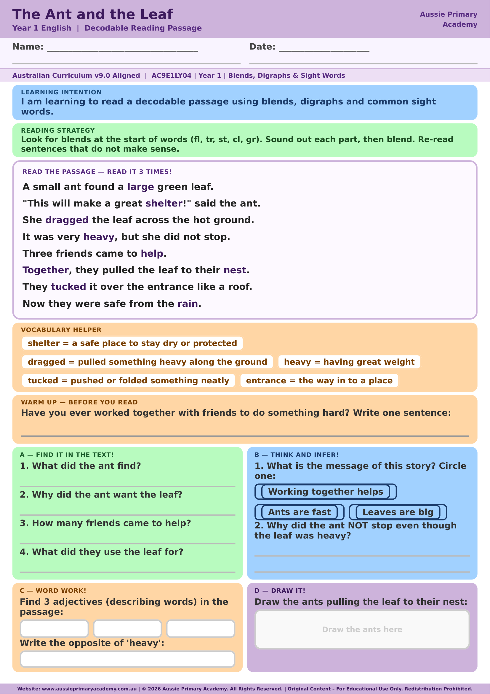 Decodable Reading The Ant And The Leaf Ac9E1Ly04 Colour worksheet preview