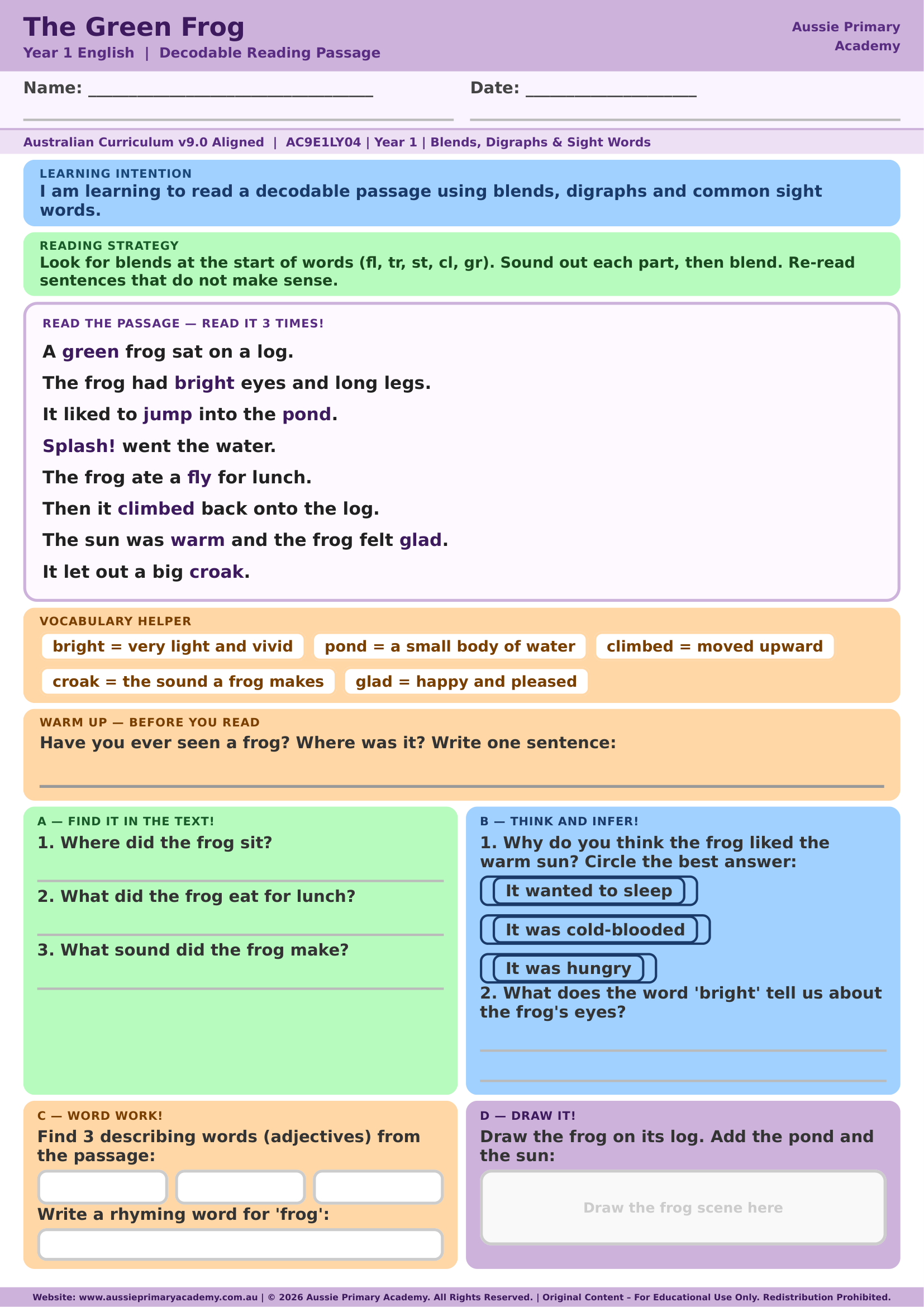 The Green Frog decodable reading worksheet preview