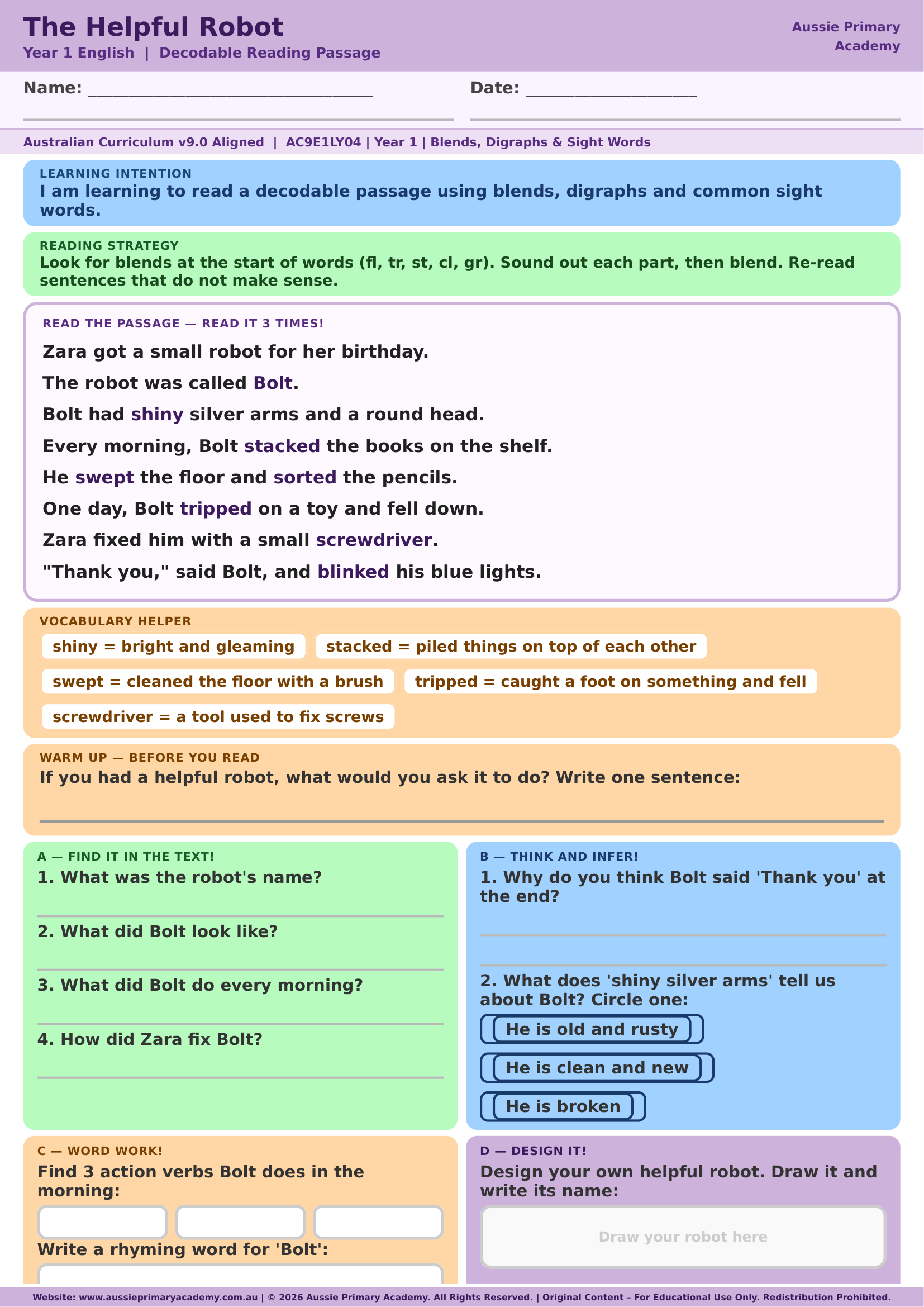The Helpful Robot decodable reading worksheet preview