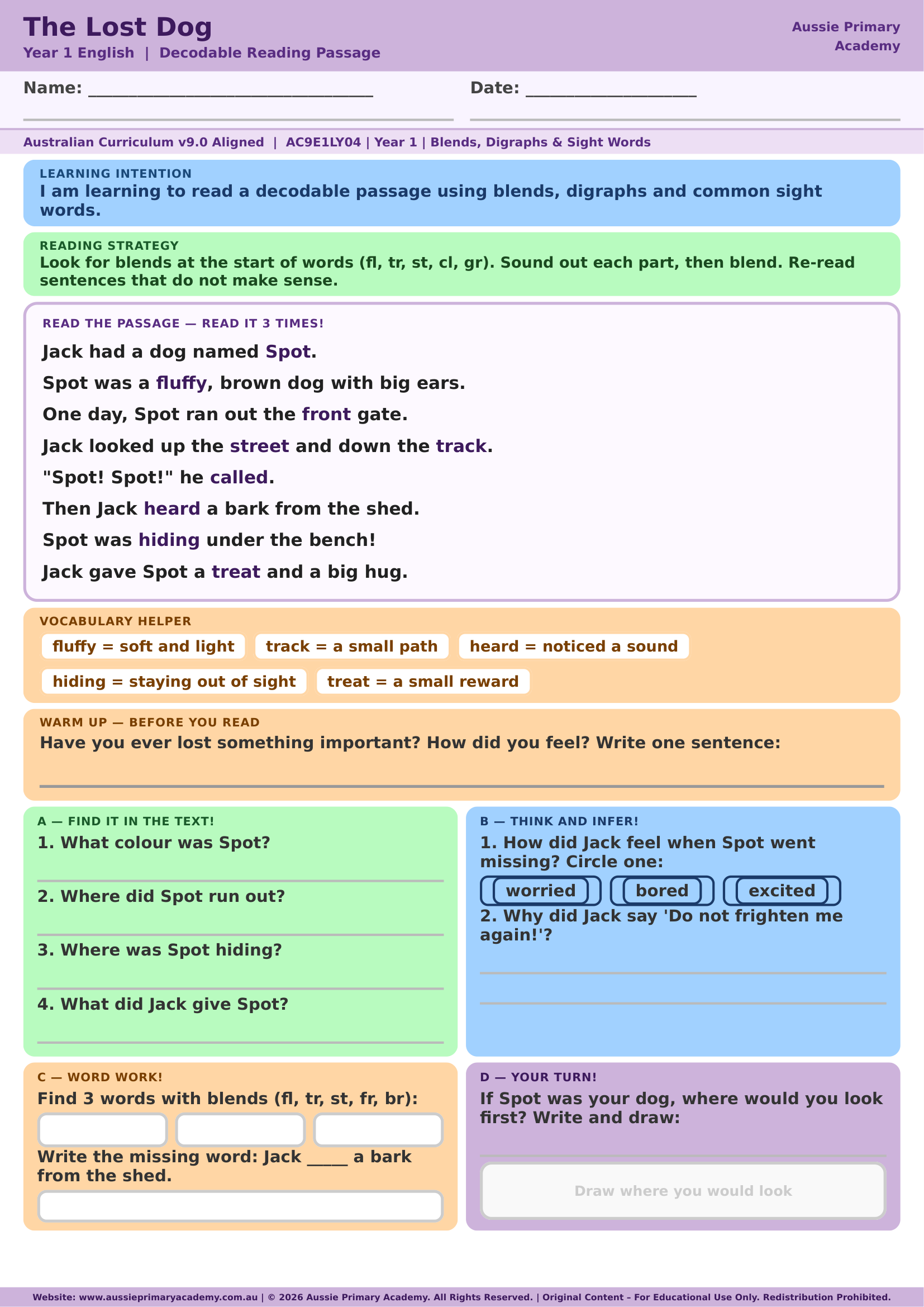 The Lost Dog decodable reading worksheet preview