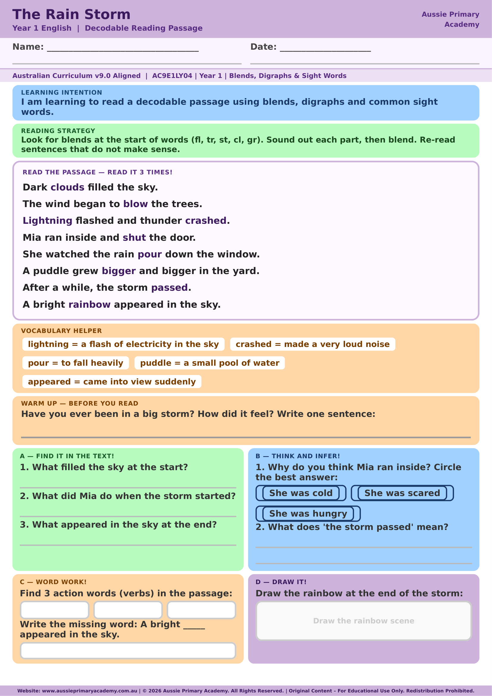 Decodable Reading The Rain Storm Ac9E1Ly04 Colour worksheet preview