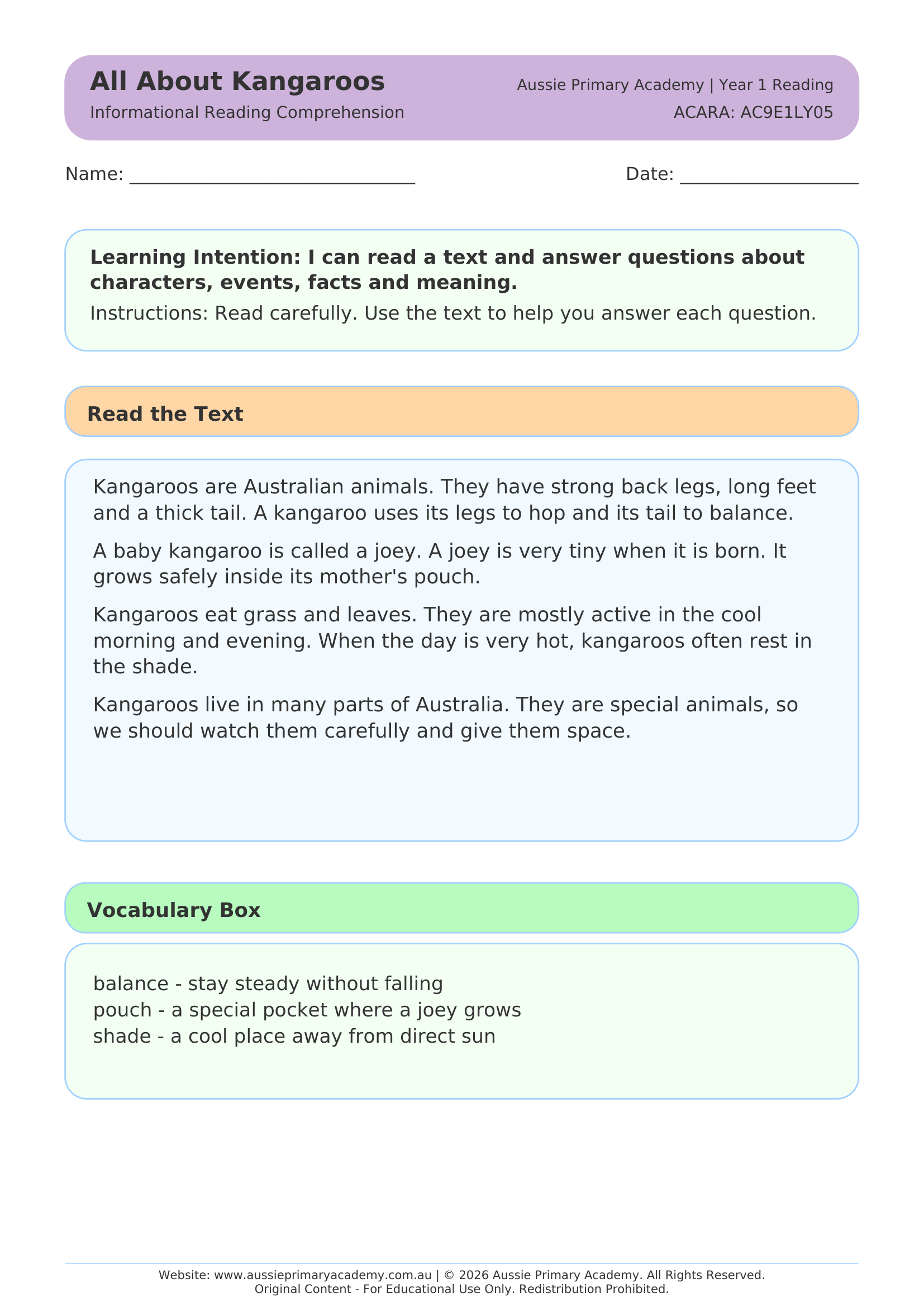 Reading Comprehension All About Kangaroos worksheet preview