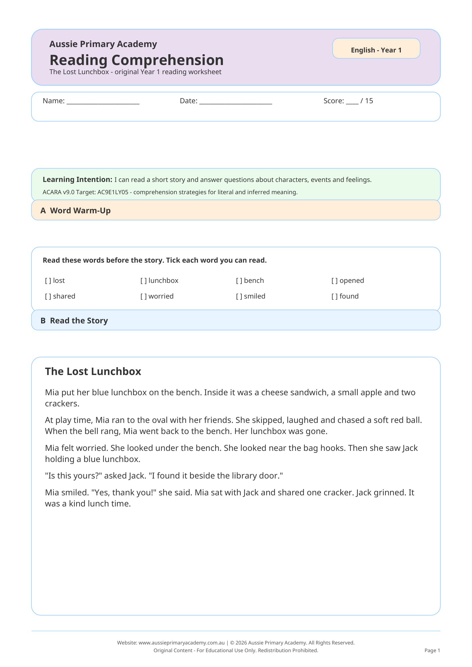 Reading Comprehension The Lost Lunchbox worksheet preview