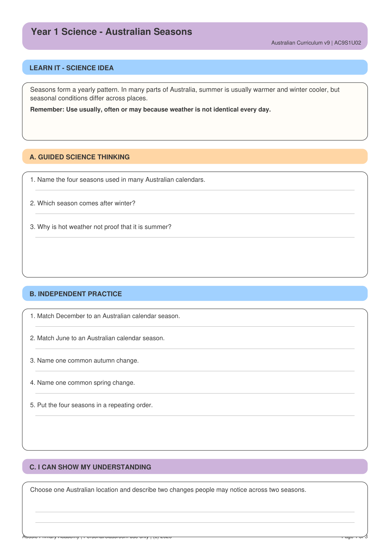 Australian Seasons worksheet preview