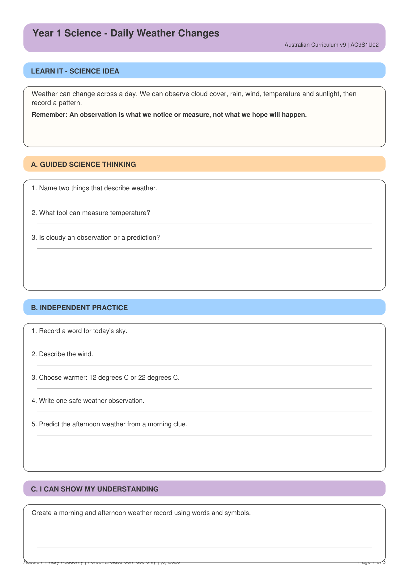 Daily Weather Changes worksheet preview