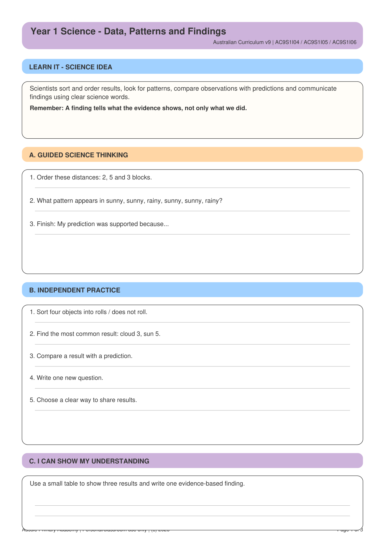 Data Patterns Findings Ac9S1I04 Ac9S1I05 worksheet preview