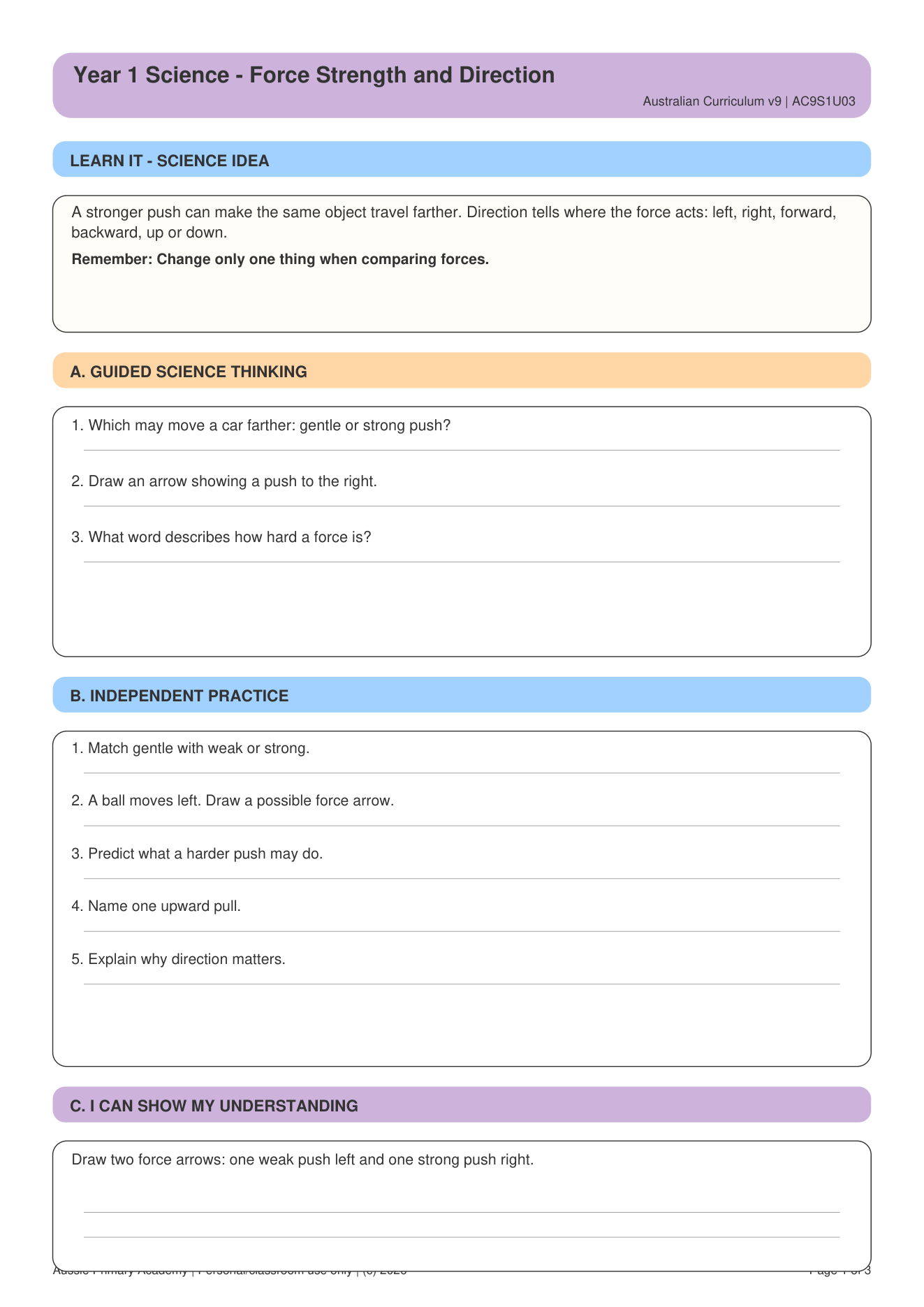 Force Strength Direction worksheet preview
